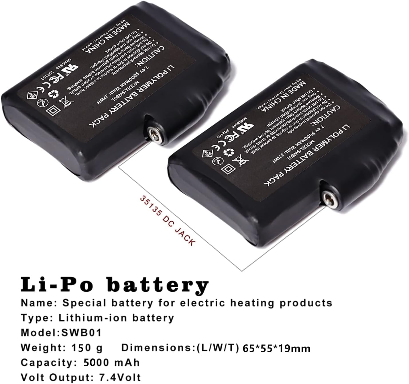7.4V 2200mAh/3500mAh/5000mAh Rechargeable Li-Polymer Battery for Heated Gloves, Mittens & Socks - Long Lasting Power for Winter Sports, Skiing & Outdoor Activities (5000mAh Option)