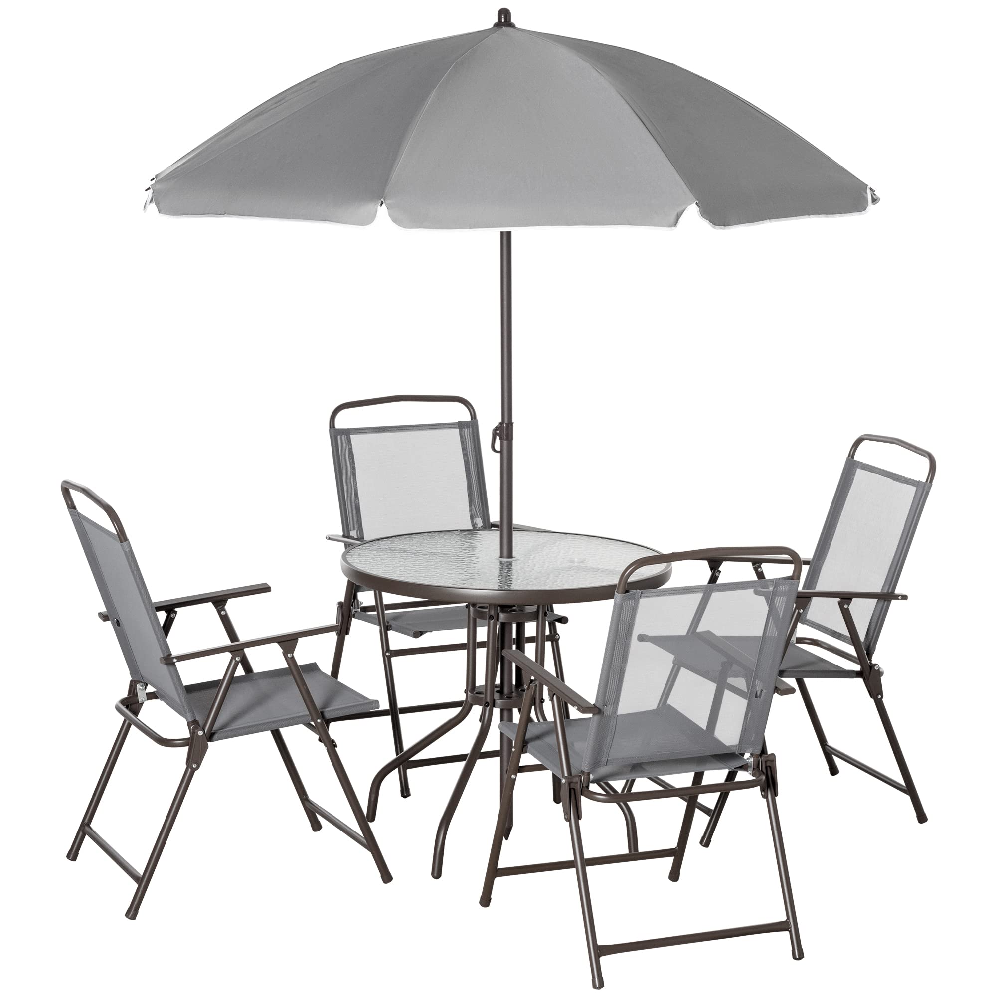 Outsunny 6-Piece Outdoor Patio Dining Set with Umbrella - Round Glass Table & 4 Folding Chairs - Gray - Perfect for Garden, Backyard, Poolside & Patio Entertaining