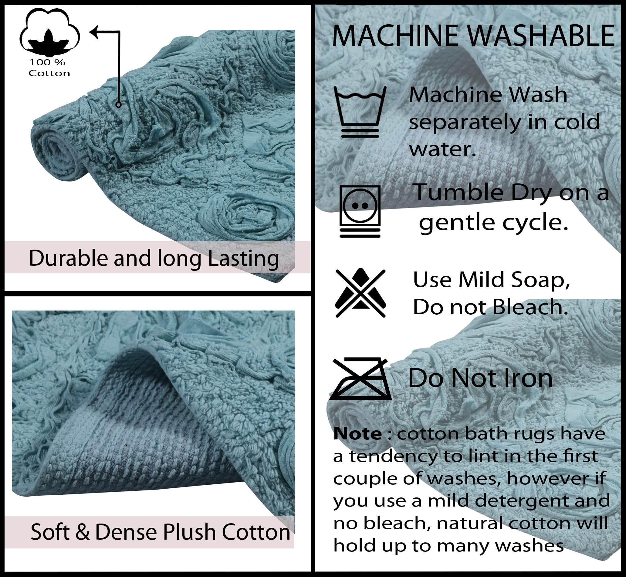 Home Weavers Modesto 100% Cotton Bath Rug Set - Ultra Soft, Absorbent & Washable Non-Slip Bathroom Mats - 3 Piece Contour Set in Blue - Perfect for Bathroom, Kitchen & High-Traffic Areas
