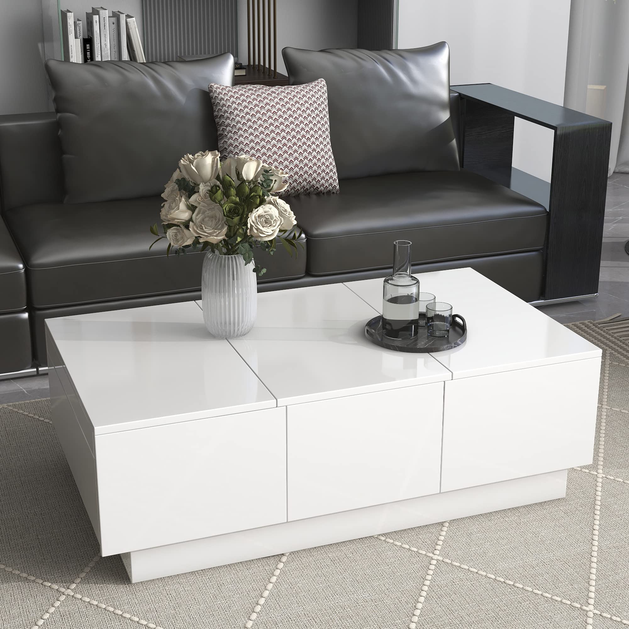 Modern Extendable Coffee Table with 2 Drawers & Sliding Top - Rectangle Cocktail Table with Hidden Storage Compartments - High-Gloss Accent Center Table for Living Room, Office & Small Spaces (White-2H) - Perfect for Entertaining, TV Snacking & Home Decor