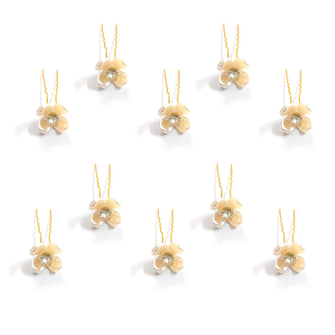 Elegant Gold Hair Pins for Women - Set of 10 Artificial Metal Hair Clips with Pearl Flowers & Crystal Stones | Bridal Hair Accessories for Weddings, Prom, Parties & Special Occasions