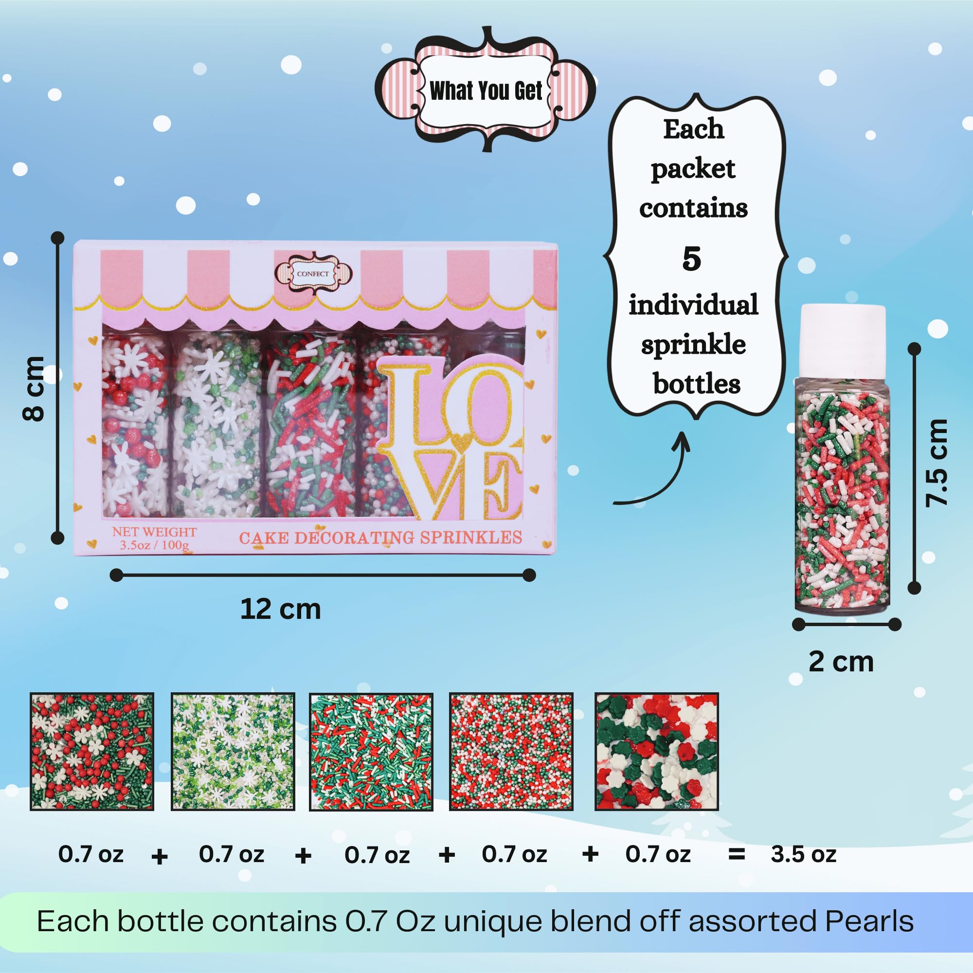 Christmas Sprinkles for Baking - Red Green White Snowflake Confetti Pearls & Sparkling Sugar Decorations | Holiday Cookies, Cupcakes, Cakes & Dessert Decorating