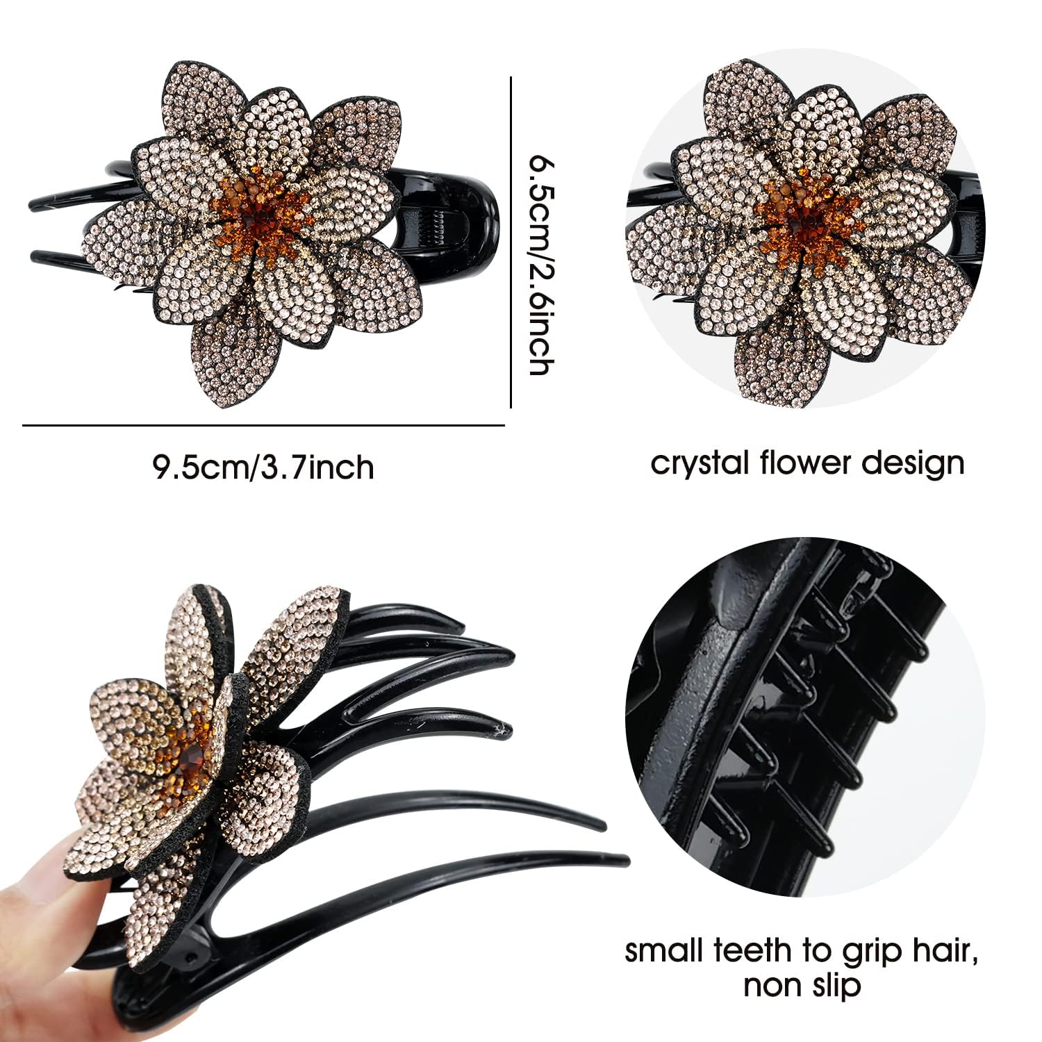 Luxury Rhinestone Flower Hair Clips for Women - Sparkly Crystal Hair Claws & Barrettes for Thick Long Hair - Korean Hair Accessories for Girls & Women - Perfect for Weddings, Parties & Everyday Glam