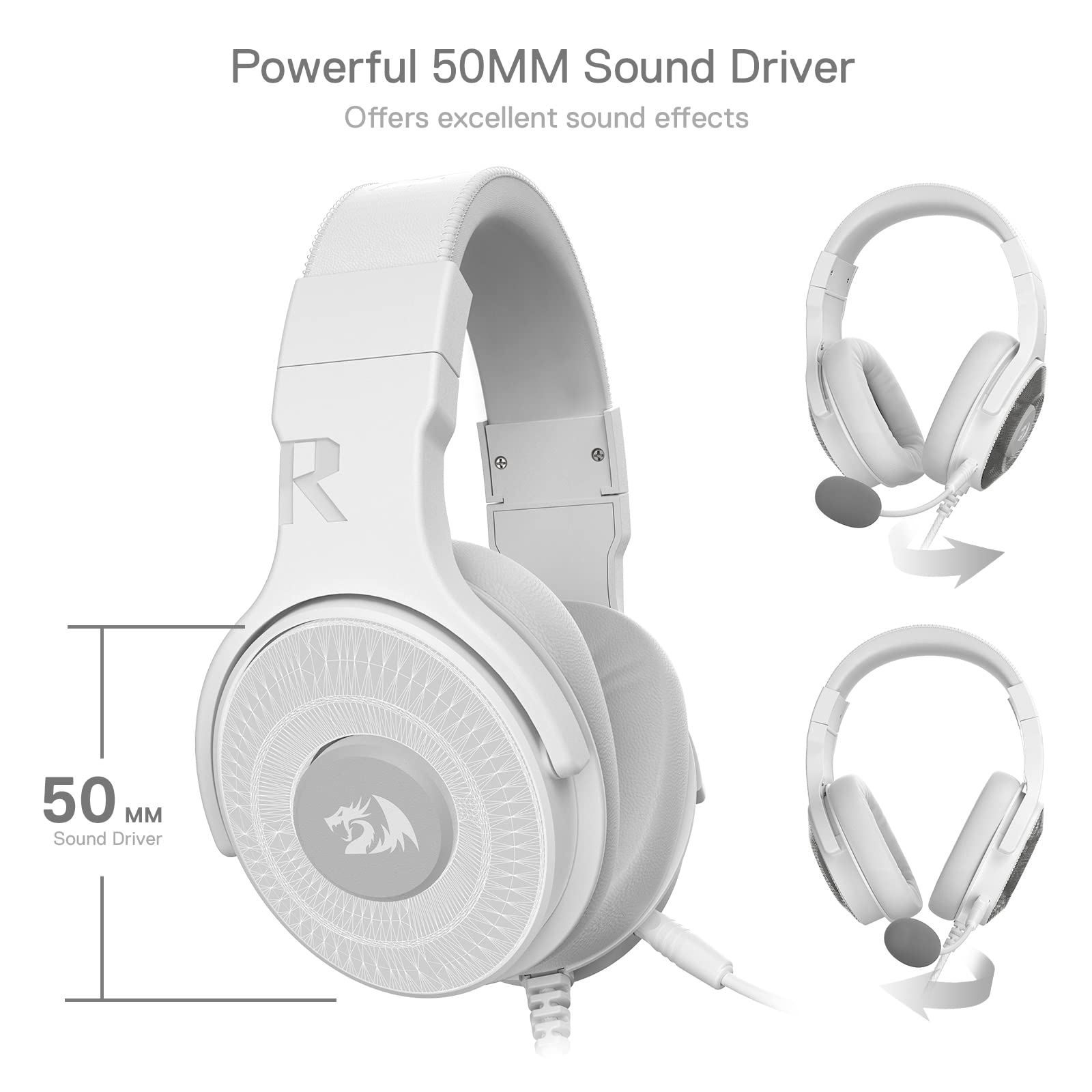 Redragon H350 Wired Gaming Headset - White, RGB Dynamic Backlit, 50mm Stereo Surround Sound, Detachable Mic, Over-Ear Headphones for PC, PS4, Xbox & Streaming