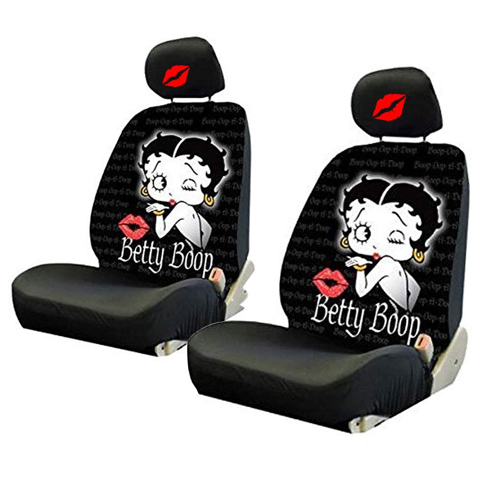 Betty Boop Timeless Front Low Back Car Seat Covers with Embroidery Kiss Headrest Cover - Universal Fit for Cars, Trucks & SUVs - Perfect for Vintage Style Lovers & Car Accessories