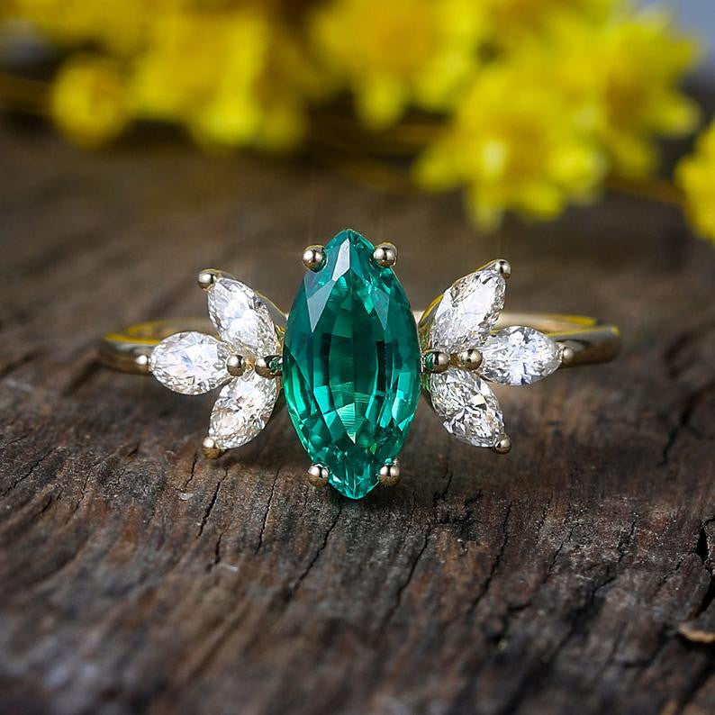 Vintage Marquise Cut Emerald and Diamond Cluster Engagement Ring for Women - Perfect for Proposals, Weddings & Anniversaries