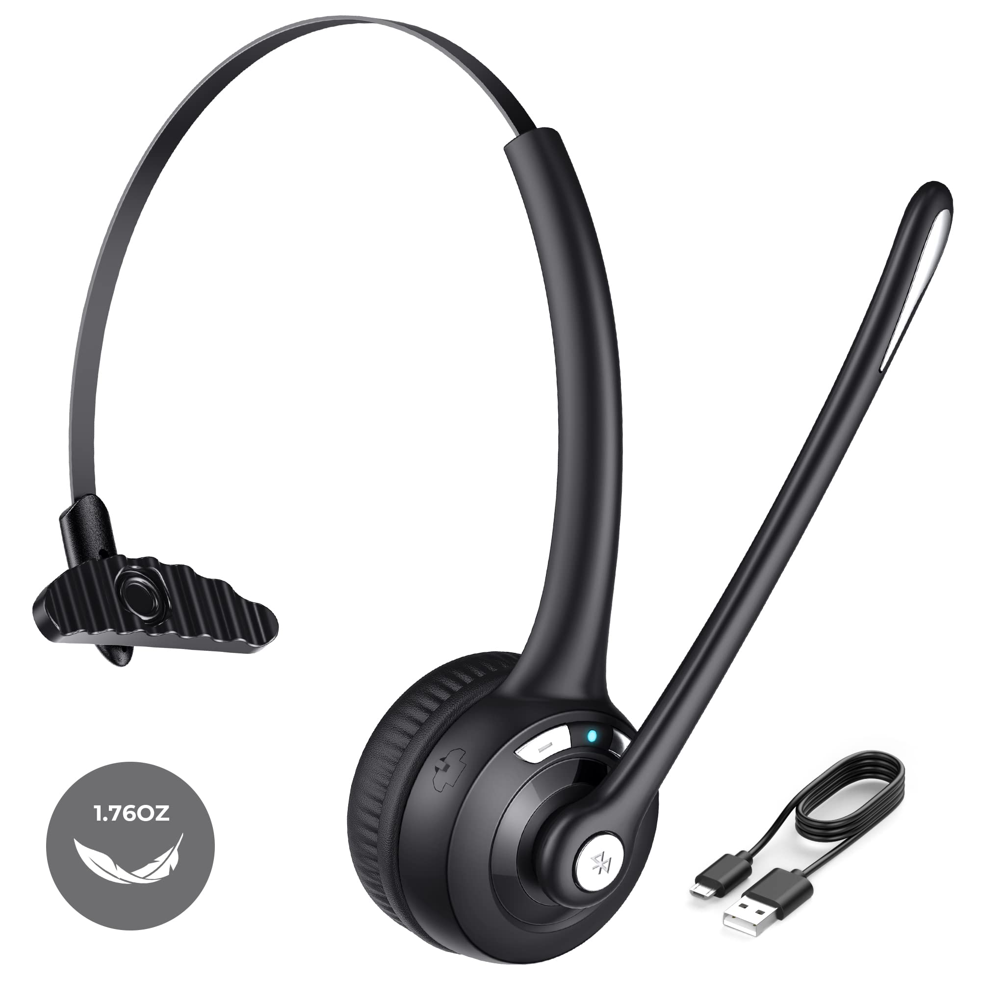 FrapCekre Bluetooth Headset with Microphone - 1.76oz Lightweight Trucker Headset, 330° Rotating Mic, CVC6.0 Noise Cancelling & Mute Function for Wireless Calls | Perfect for Call Centers, Home Office & Remote Work