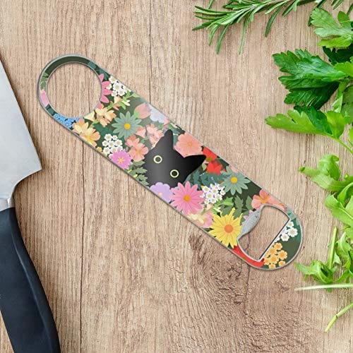 Black Cat Hiding in Spring Flowers Stainless Steel Bartender Bottle Opener - Vintage Style Bar Tool for Home, Pub & Party Use