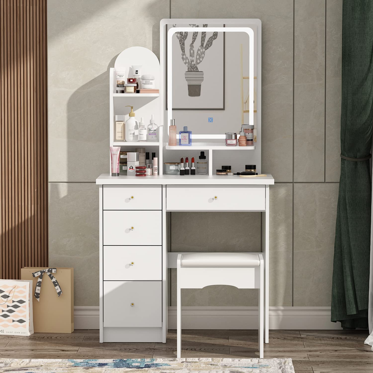 FUFU&GAGA White Vanity Set with Rectangular LED Mirror - 5-Drawer Makeup Dressing Table, Shelves & Cushioned Stool - Perfect for Bedroom, Dorm Room or Beauty Salon Organization