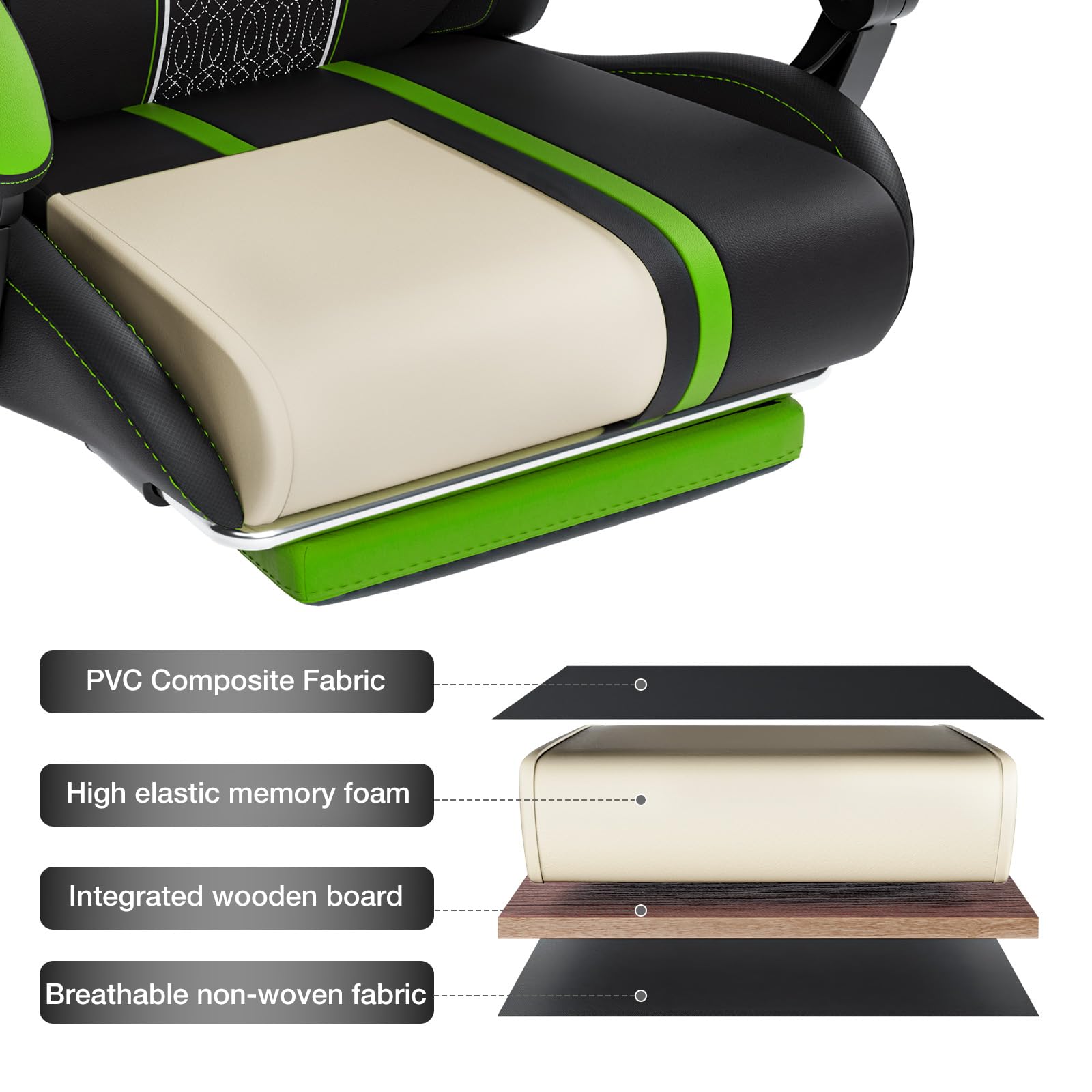 HOFFREE LED Gaming Chair with Massage & Speakers - Big and Tall Reclining Computer Desk Chair with Footrest - Supports 400lbs - Green and Black - Perfect for PC Gaming, Office Work, and Home Entertainment