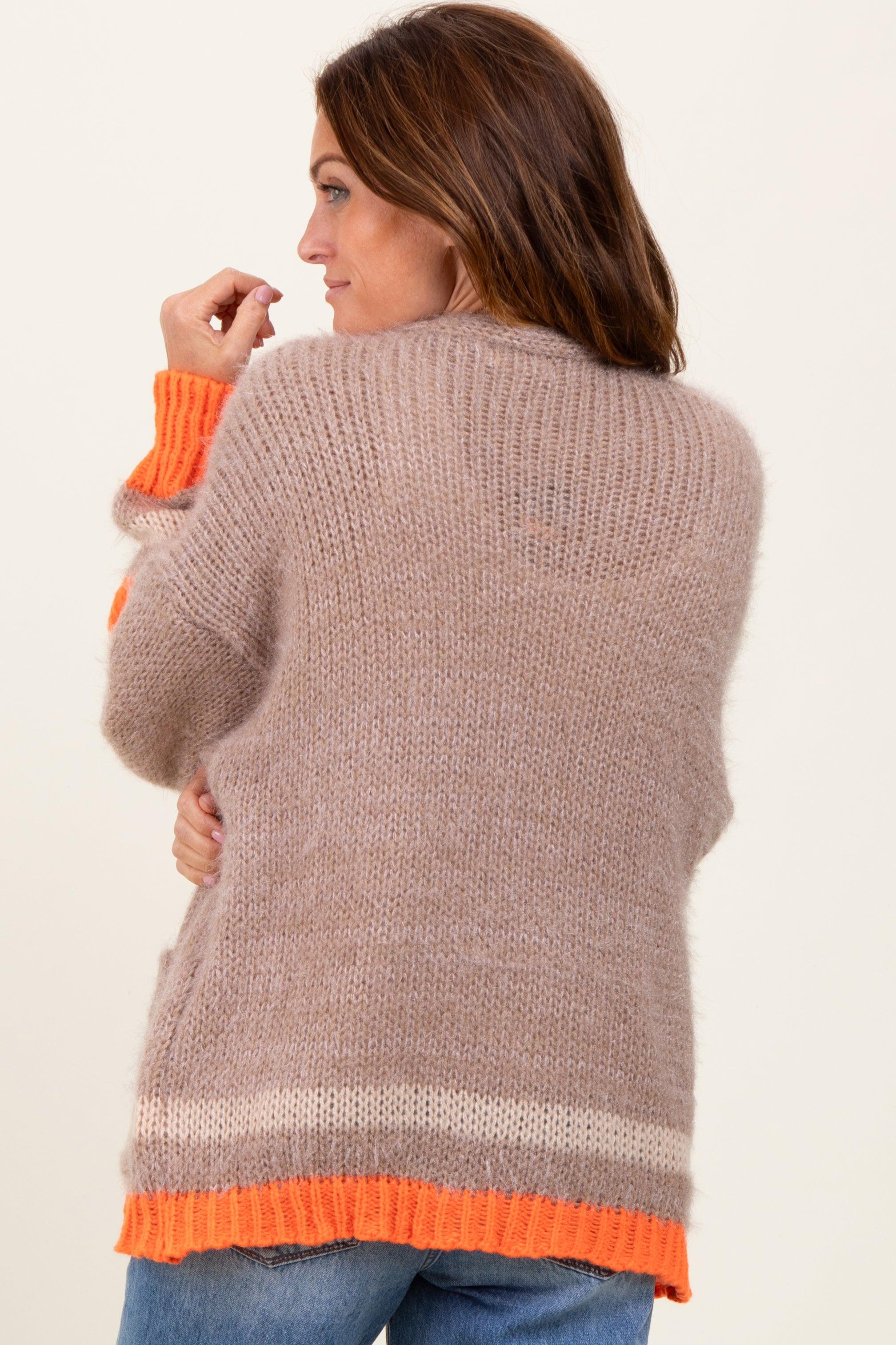 Beige Chunky Knit Stripe Detail Sweater Cardigan for Women - Cozy Winter Pullover for Casual Outfits & Layering