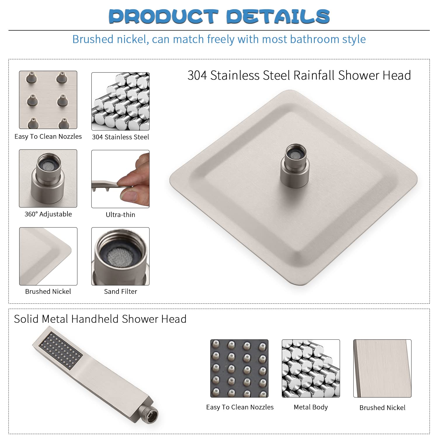 Premium All-Metal Shower Faucet Set - Dual Square Shower Head System with Handheld Spray Wand & Rainfall Showerhead, Diverter Valve, 60