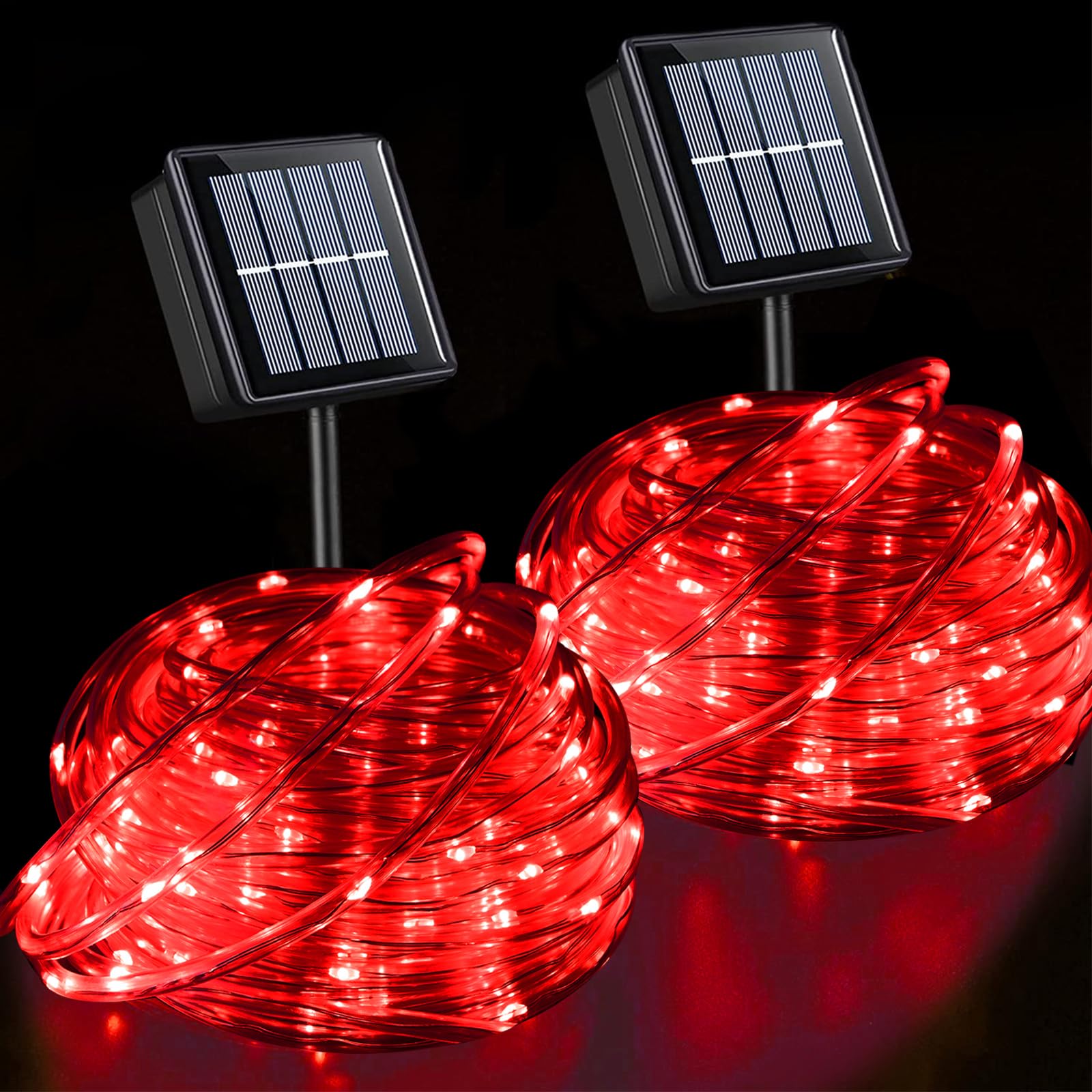 QITONG 2 Pack 33ft 100 LED Solar Rope Lights - Red Outdoor Waterproof String Lights with 8 Modes for Garden, Patio, Porch, Tree, Party & Wedding Decoration | Solar Powered Clear PVC Tube Lights for Festive Ambiance & Landscape Lighting