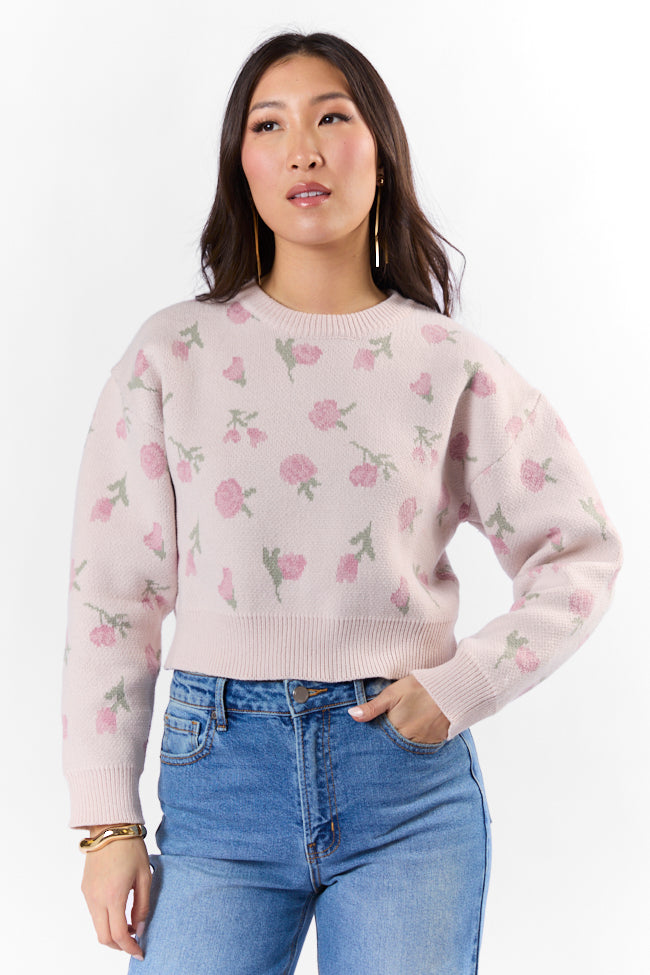 Grand Measures Light Pink Floral Knit Sweater for Women - Soft & Cozy Pullover - Perfect for Fall & Winter Outfits, Date Nights, and Casual Wear