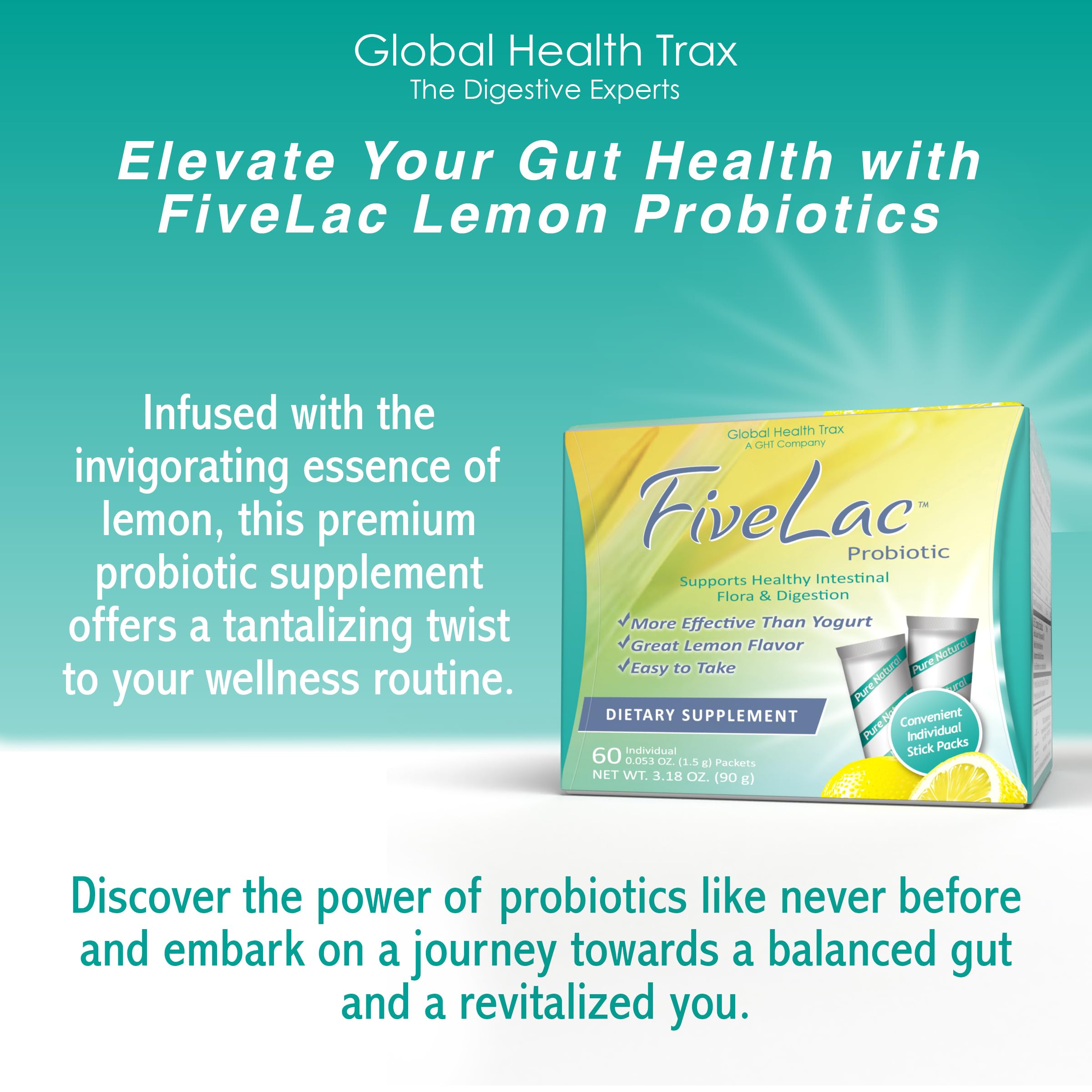 GHT - FiveLac Lemon Probiotic Powder Drink Mix for Digestive Health - Supports Gut Flora for Women, Men & Kids - Relieves Constipation, Gas & Bloating - Non-GMO, 60 Packets (2 Pack) - Perfect for Daily Wellness & Travel