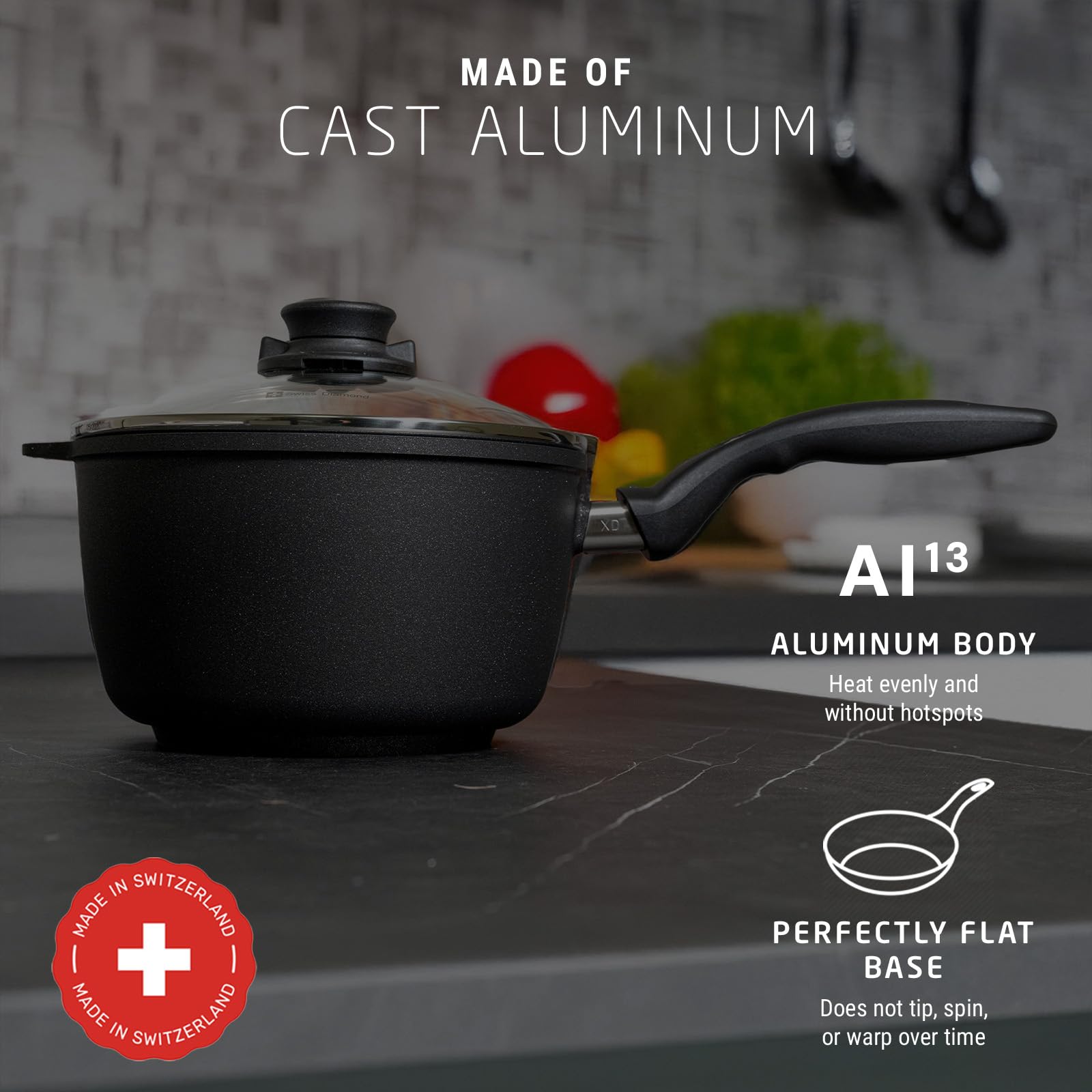Premium Swiss Diamond Sauce Pan with Lid - 7 Inch 2.2 Quart Diamond-Coated Nonstick Aluminum Cookware with Ergonomic Stainless Steel Handle | Oven & Dishwasher Safe (Grey) | Perfect for Sauces, Stews, and Everyday Cooking