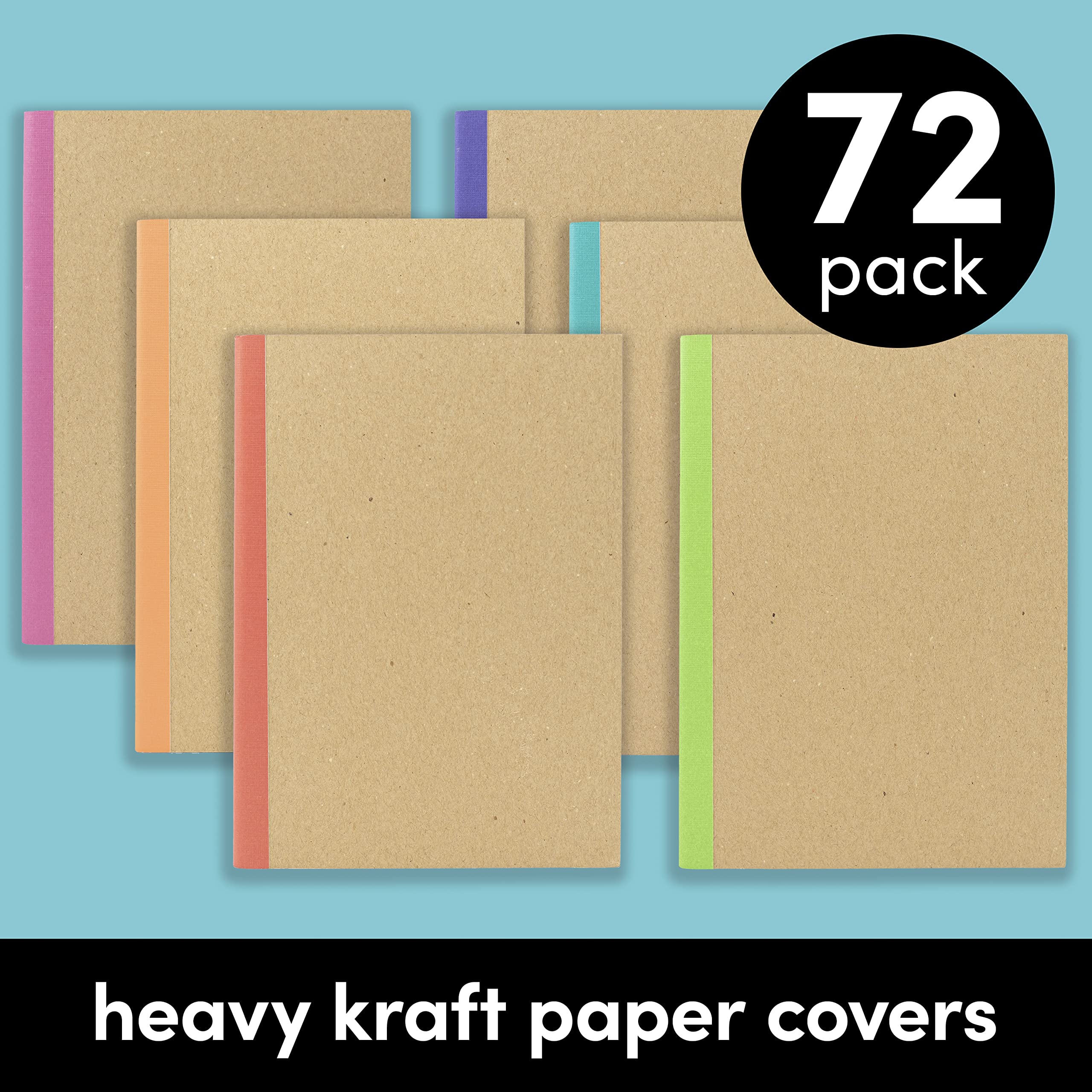 PAPERAGE 72-Pack Composition Notebooks - College Ruled Lined Paper, 120 Pages, Kraft Cover with Rainbow Spines, 8