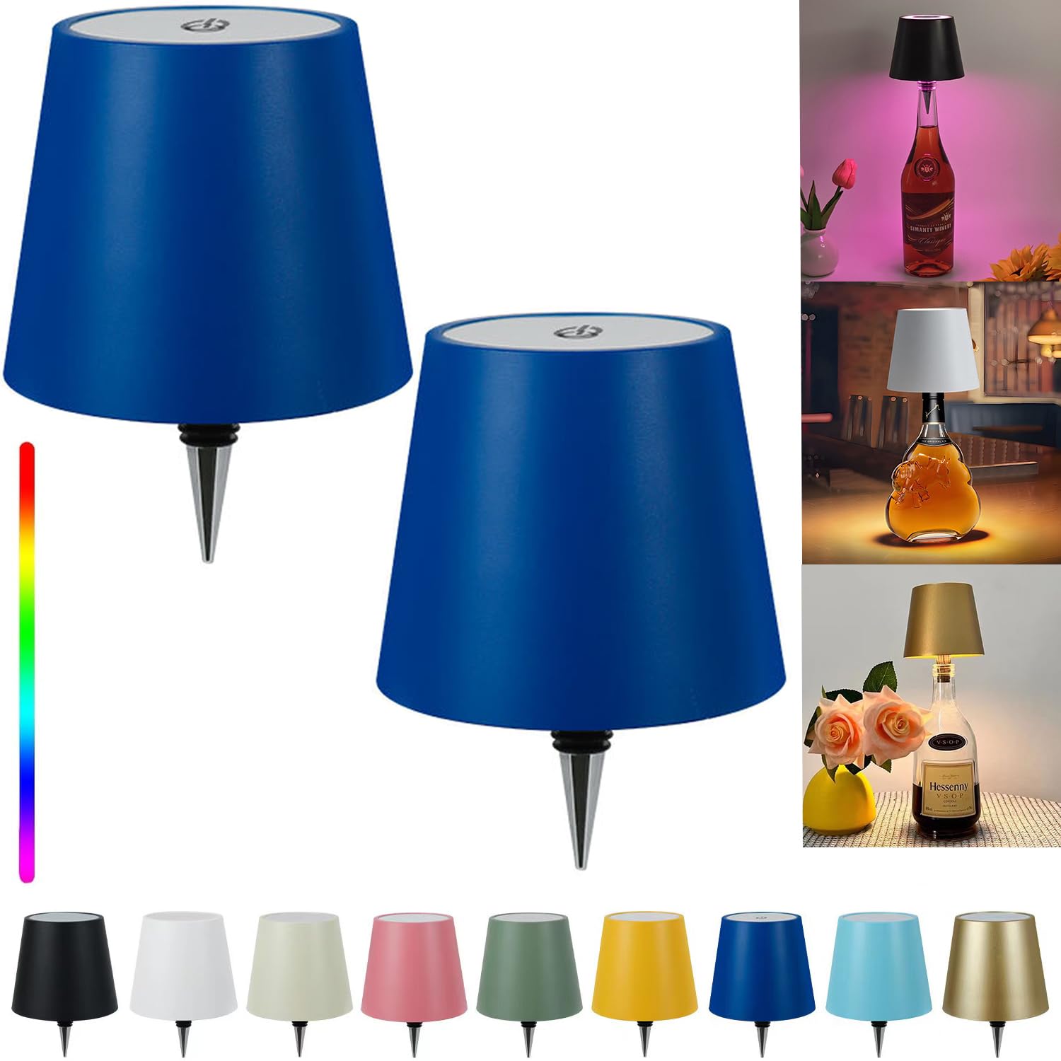 Rechargeable LED Wireless Bottle Lamp Shade - 3 Color Stepless Dimming Touch Control - Wine Bottle Lights for Bar, Outdoor Table, Home Decor (2Pcs Navy Blue) - Perfect for Parties, Weddings & Restaurants