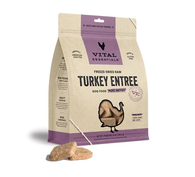 Vital Essentials Freeze Dried Turkey Mini Patties Dog Food - Grain-Free, High-Protein Raw Dog Treats for Small & Medium Breeds - Perfect for Training, Travel & On-the-Go Snacks