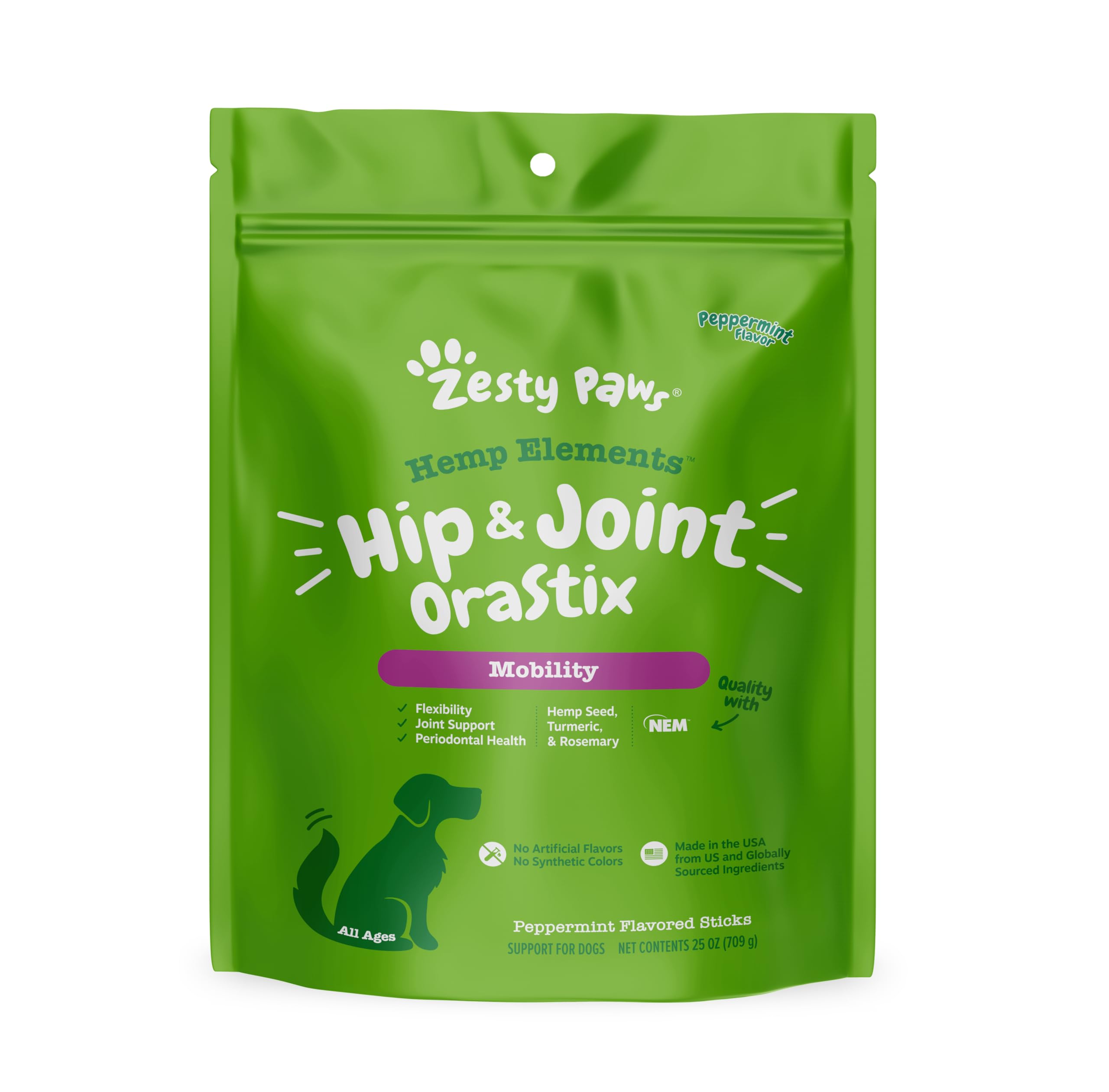 Zesty Paws OraStix Dog Dental Chews - Hip & Joint Mobility Treats with Hemp Seed, Curcumin & Eggshell Membrane for Joint Health | Supports Cartilage, Teeth & Gums | 25oz | Great for Senior Dogs & Active Pets