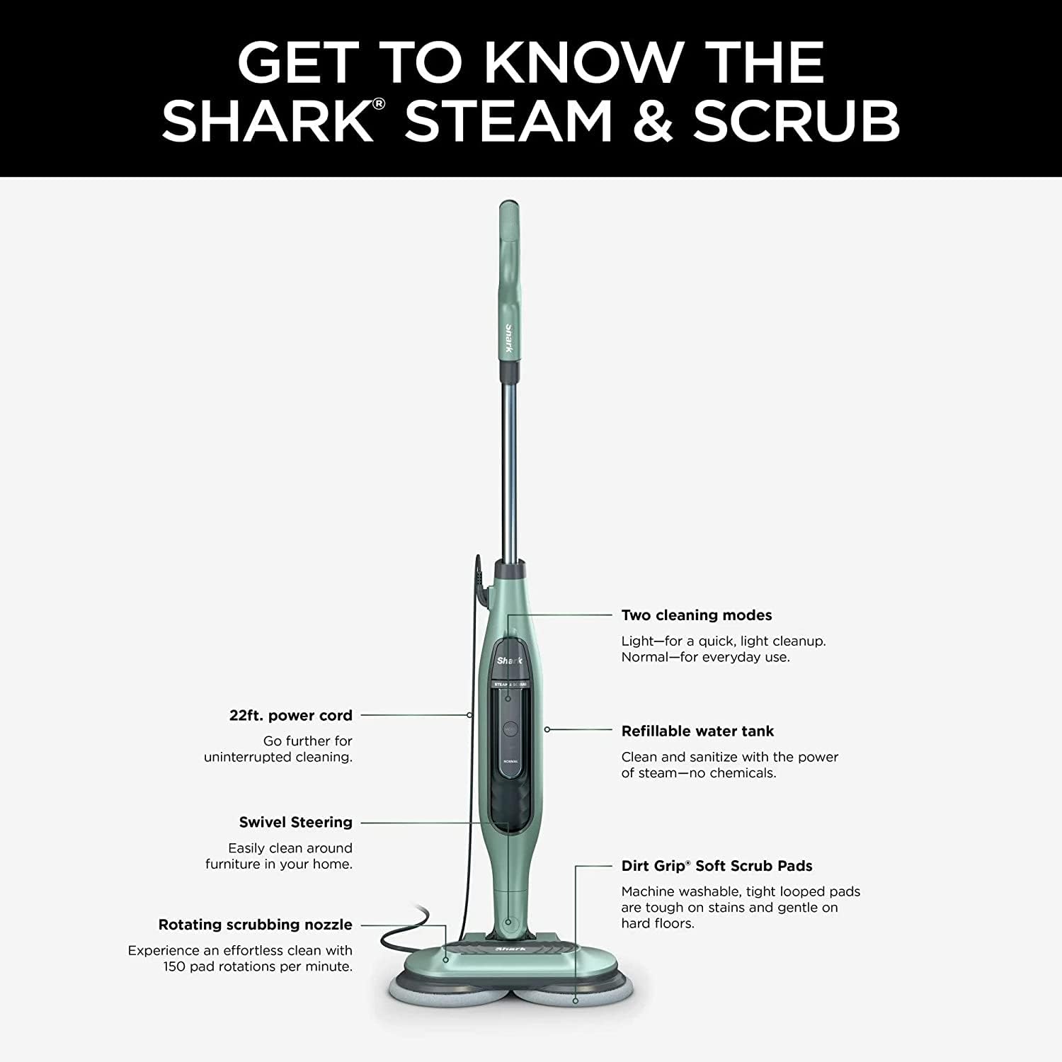 Shark S7000AMZ Steam & Scrub All-in-One Hard Floor Steam Mop - Pure Water Cleaning System, Sanitizes & Scrubs Floors (Renewed) - Perfect for Tile, Laminate & Hardwood Floors in Kitchens, Bathrooms & Living Areas