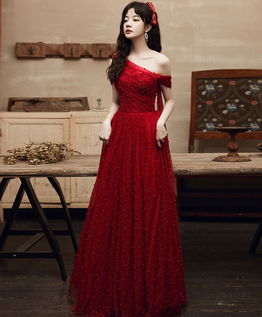 Elegant Burgundy One Shoulder Long Prom Dress for Women - Formal Evening Gown for Graduation, Homecoming & Special Occasions