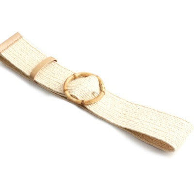 Eco-Friendly Woven Belt with Circle Bamboo Buckle in Cream - Stylish and Sustainable Accessory for Casual Outfits, Summer Dresses, and Boho Fashion