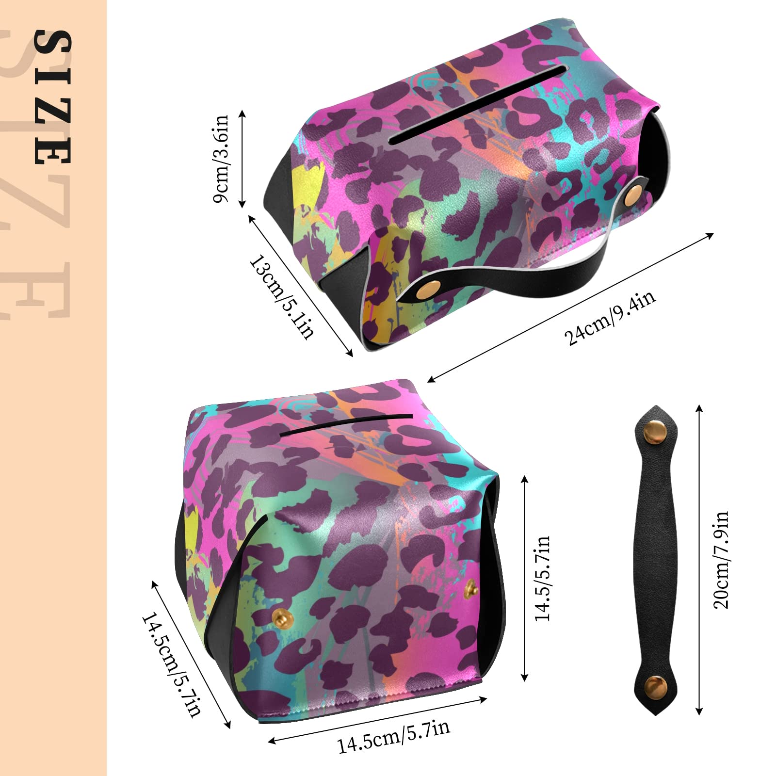 Rainbow Leopard Print PU Leather Tissue Box Cover - Rectangular Bathroom & Countertop Organizer with Handle for Home, Office, Living Room Decor