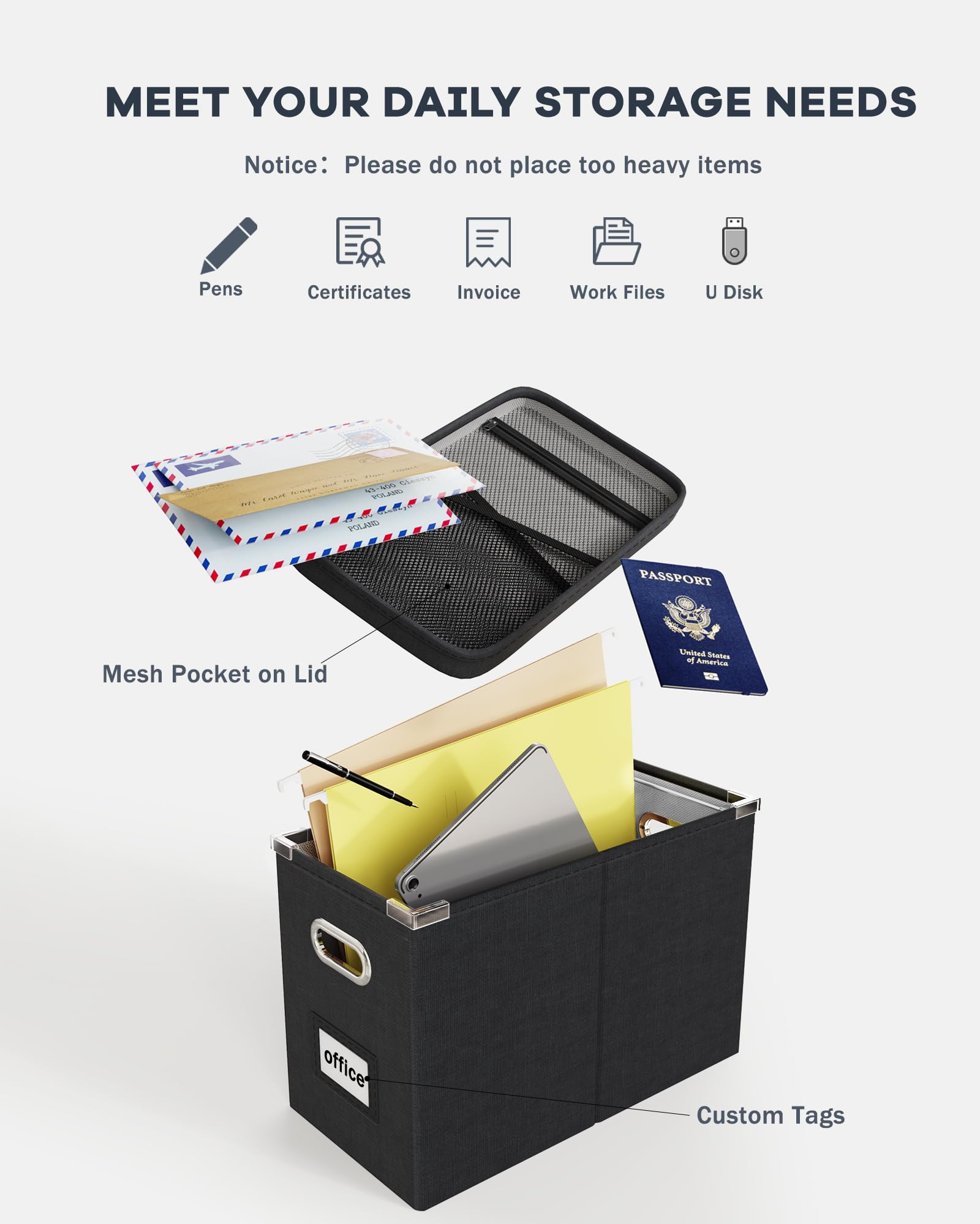 Oterri File Organizer Box with Lid - Hanging Mesh Pocket Document Storage for Letter Files - Portable Office & Home Storage Box with Smooth Sliding Rail - Perfect for Desk Organization, Paper Filing, and Office Supplies Storage (1 Pack, Black)