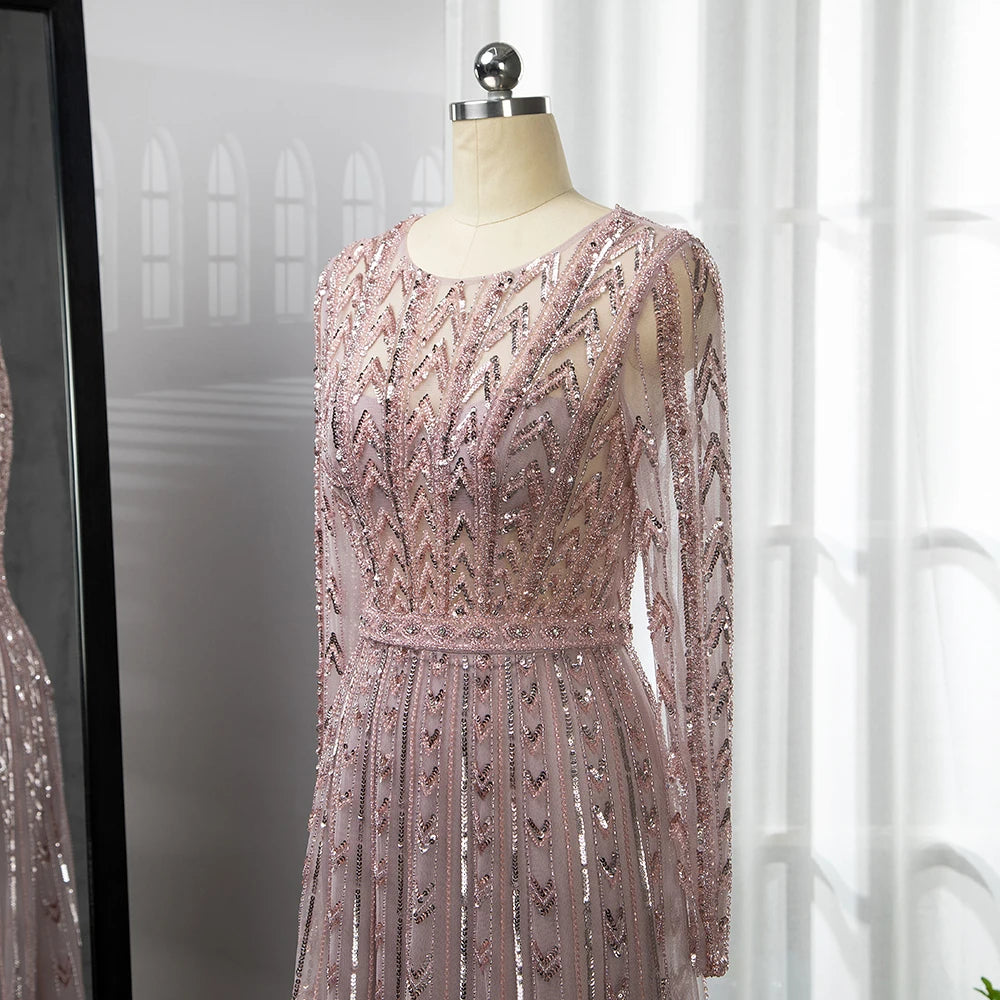 Elegant Pink Mermaid Evening Gown with Beaded Details - Long Sleeve O-Neck Formal Dress for Women - Perfect for Prom, Wedding Guest & Black Tie Events