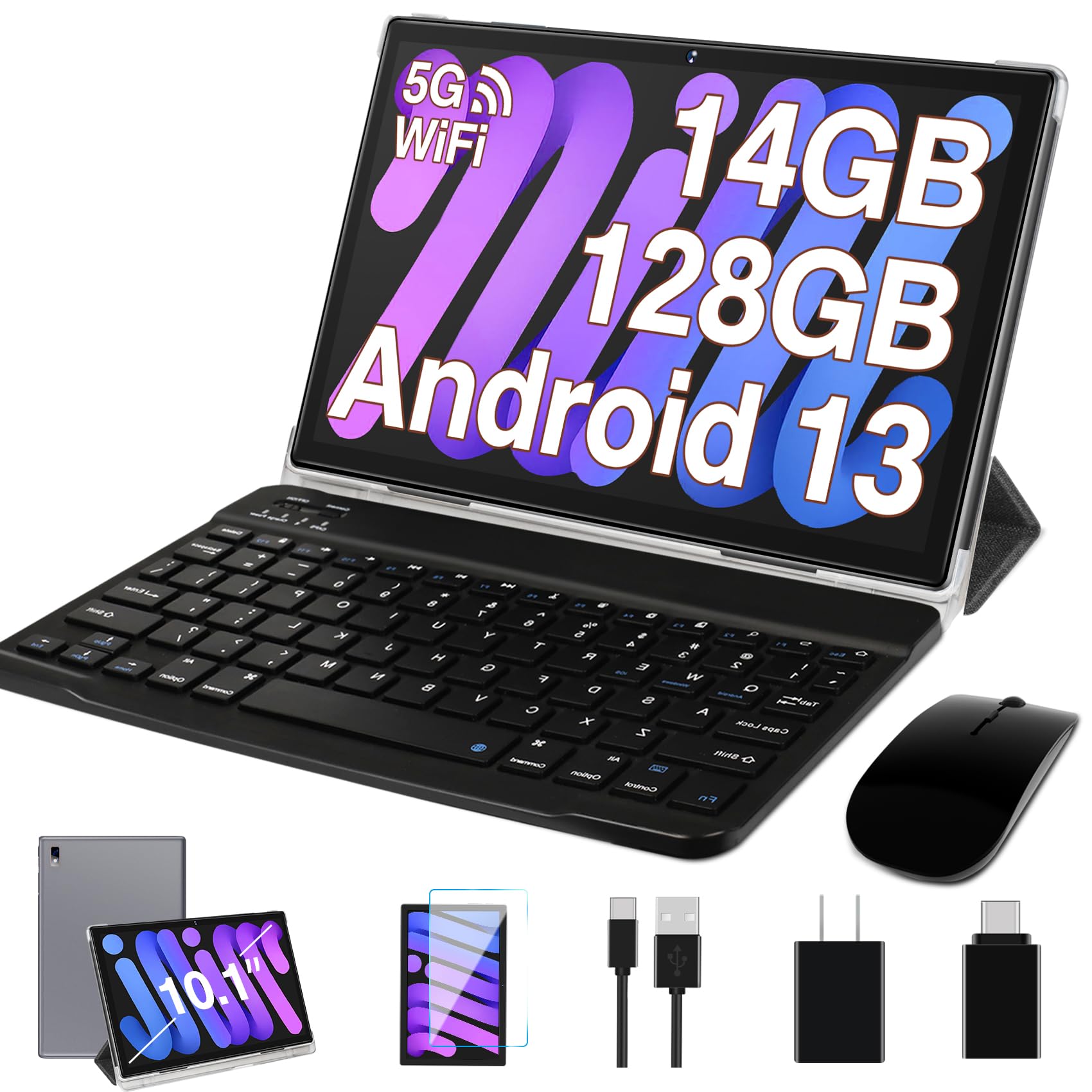Oangcc 10 Inch Android 13 Tablet with Keyboard - 14GB RAM 128GB ROM (Expandable to 1TB), 8000mAh Battery, Dual Camera, 5G WiFi, Octa-Core Processor | Perfect for Work, Study & Entertainment | Includes Mouse & GPS Accessories - Gray