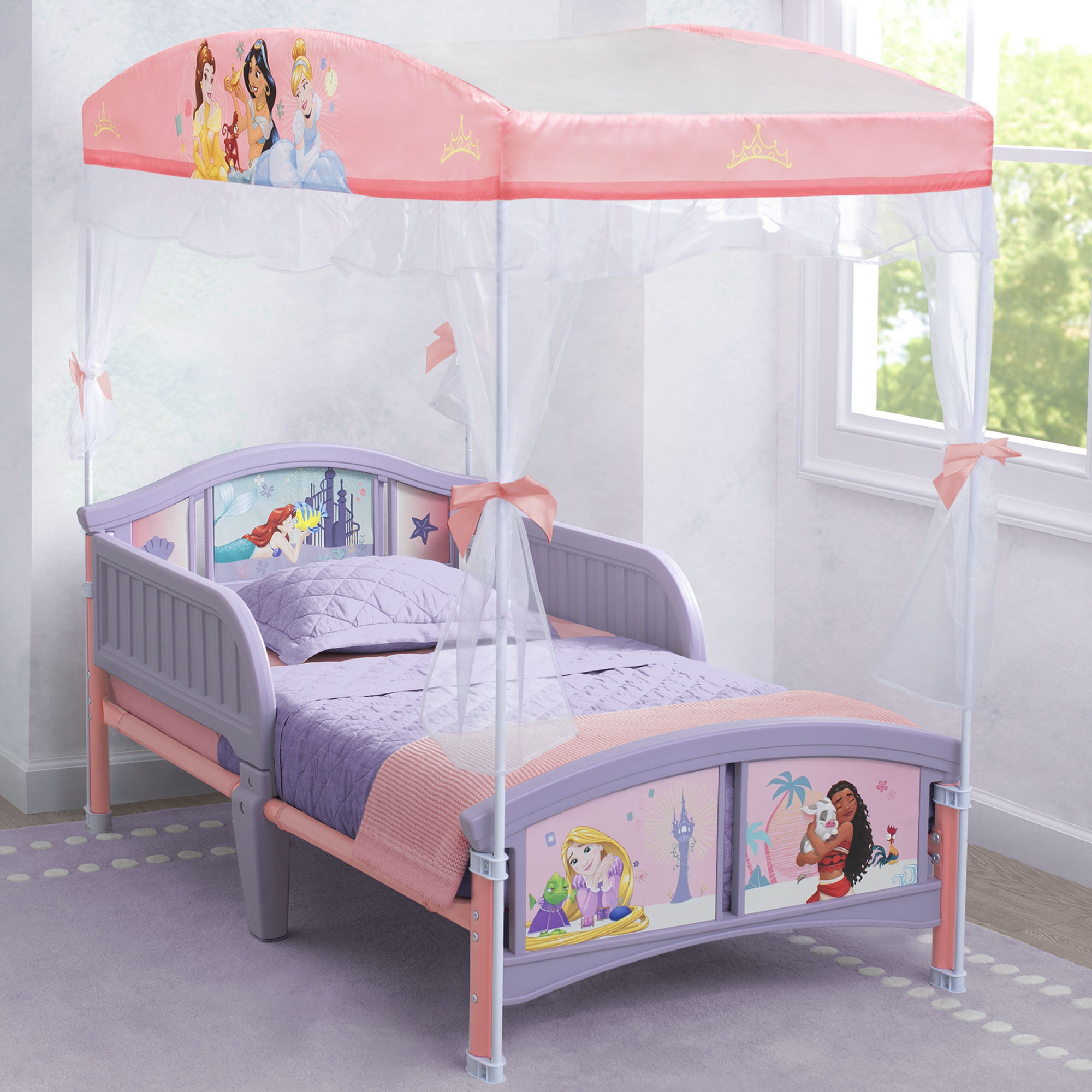 Princess Plastic Toddler Bed with Canopy - Pink Toddler Bed for Girls, Kids Bed with Safety Rails & Removable Canopy - Perfect for Nursery, Bedroom & Playroom Decor