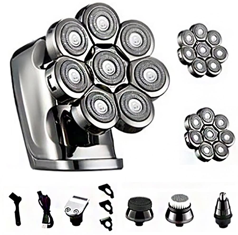8-Blade Electric Head Shaver for Bald Men - Rechargeable Digital Display Razor with 5-in-1 Multi-Function & 2 Cutter Heads, USB Charging, Waterproof for Shower Use - Perfect for Home, Travel & Gym Shaving
