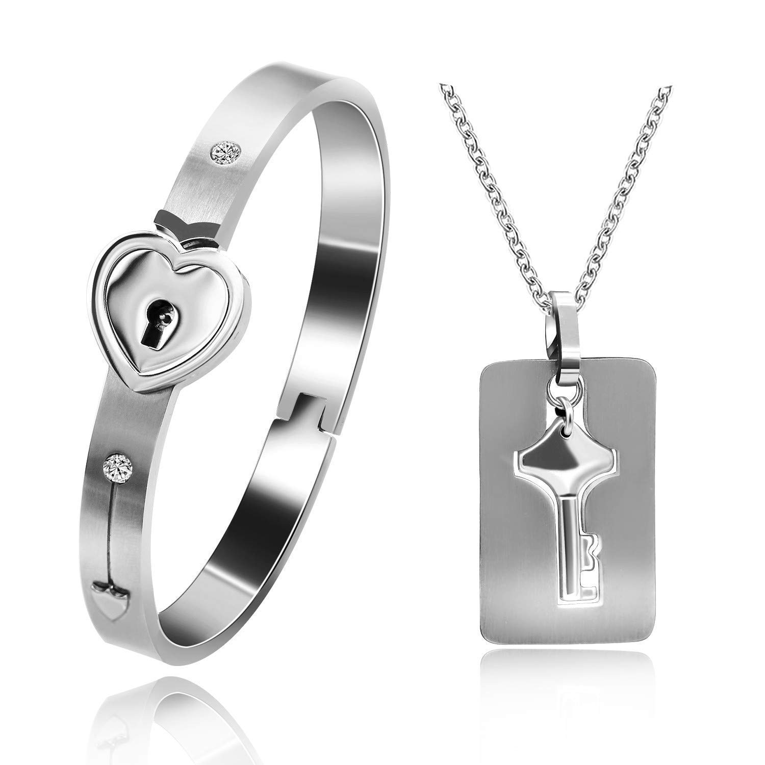 Titanium Steel Lock Bangle Bracelet & Key Pendant Necklace Set - Romantic Couple Jewelry for Valentine's Day, Anniversary Gifts for Him & Her - Perfect for Proposals, Weddings, and Special Occasions