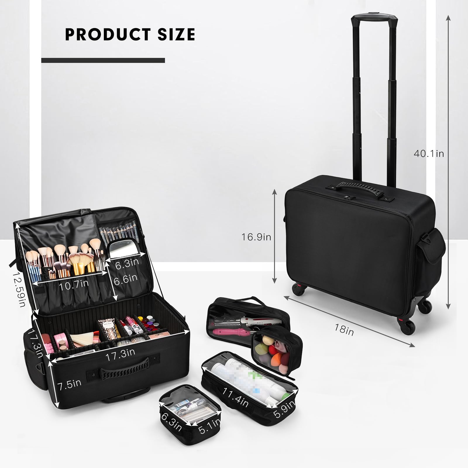 **Costravio Extra Large Rolling Makeup Case with Wheels – Professional Cosmetic Organizer for Hairstylists, Nail Techs & Makeup Artists – Portable Travel Trolley for Salon, Barber & Sewing Supplies – Black (Ideal for Mobile Stylists & On-the-Go Professionals)**