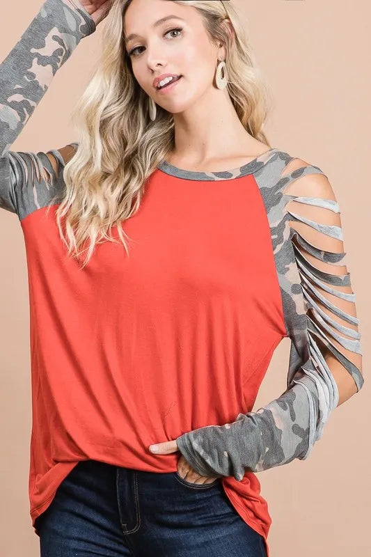 BiBi Jersey Knit Top with Camouflage Laser Cut Sleeves - Women's Fashion Casual T-Shirt for Streetwear & Everyday Outfits