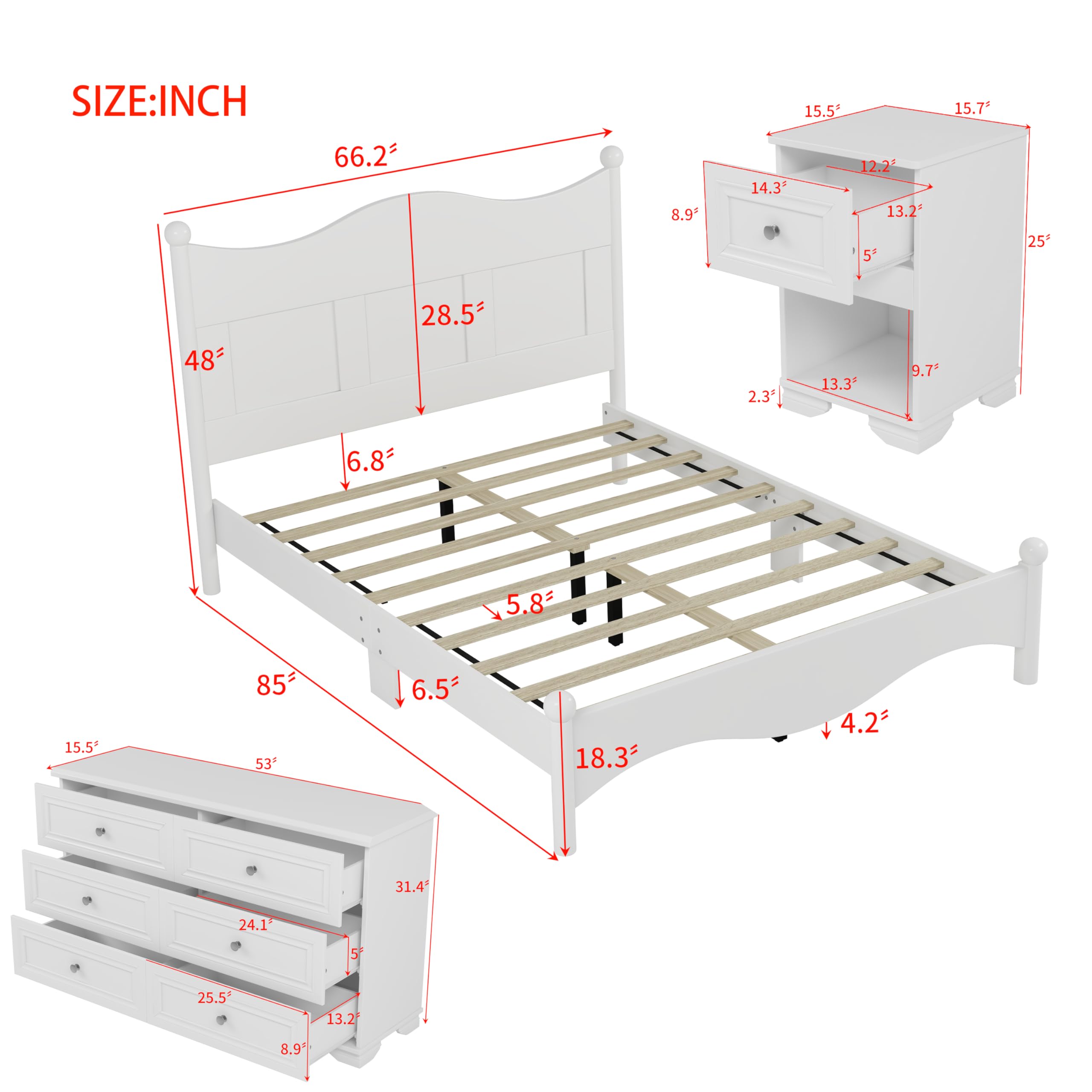 4-Piece Queen Bedroom Set with Storage - Wood Bed Frame, Nightstand & Dresser with Metal Handles (White) | Complete Bedroom Furniture for Master Bedroom, Guest Room & Small Spaces