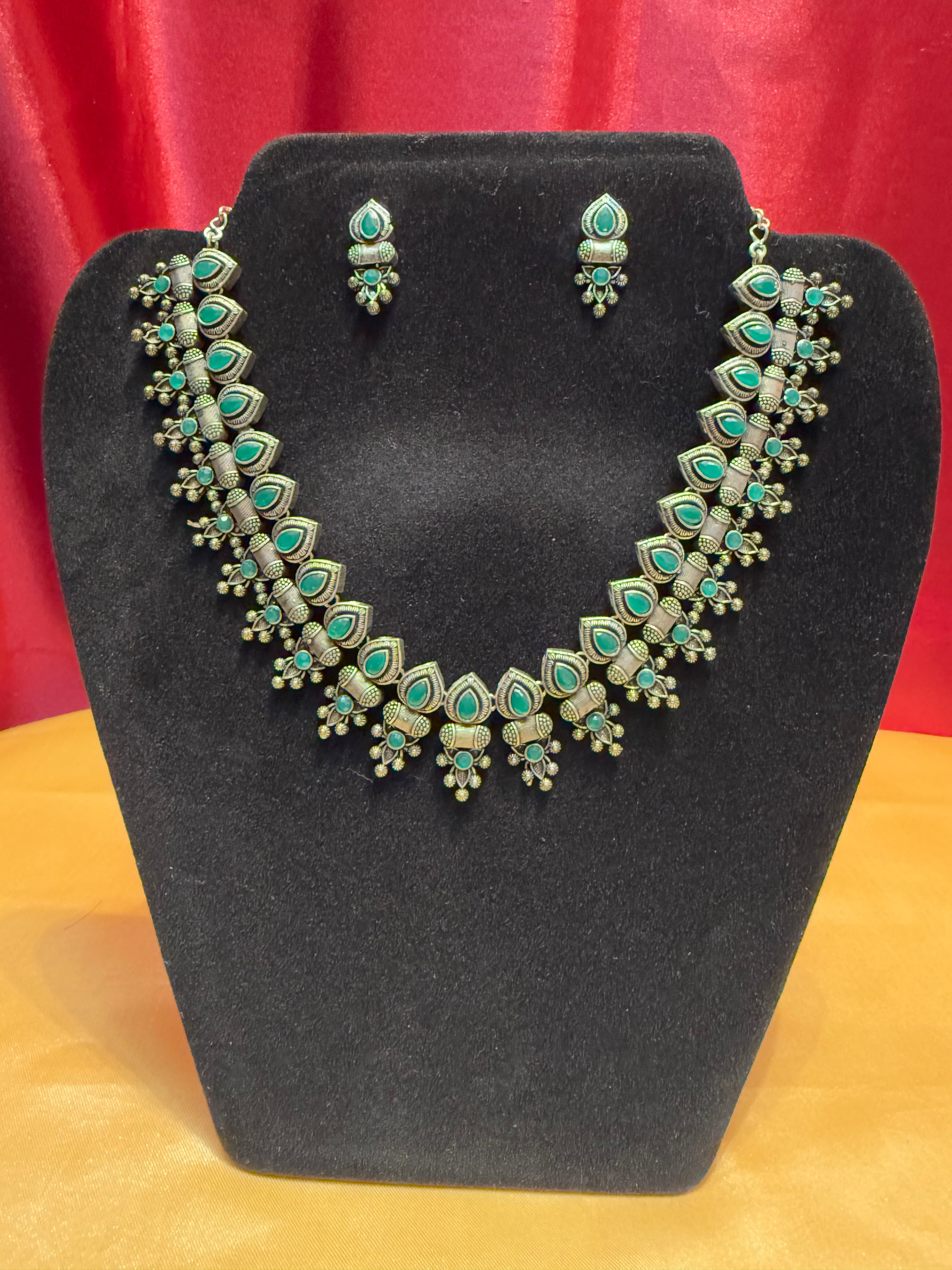 Stunning Green Stone Oxidized Necklace & Earrings Set | Handmade Bohemian Jewelry for Women | Perfect for Parties, Weddings & Everyday Wear