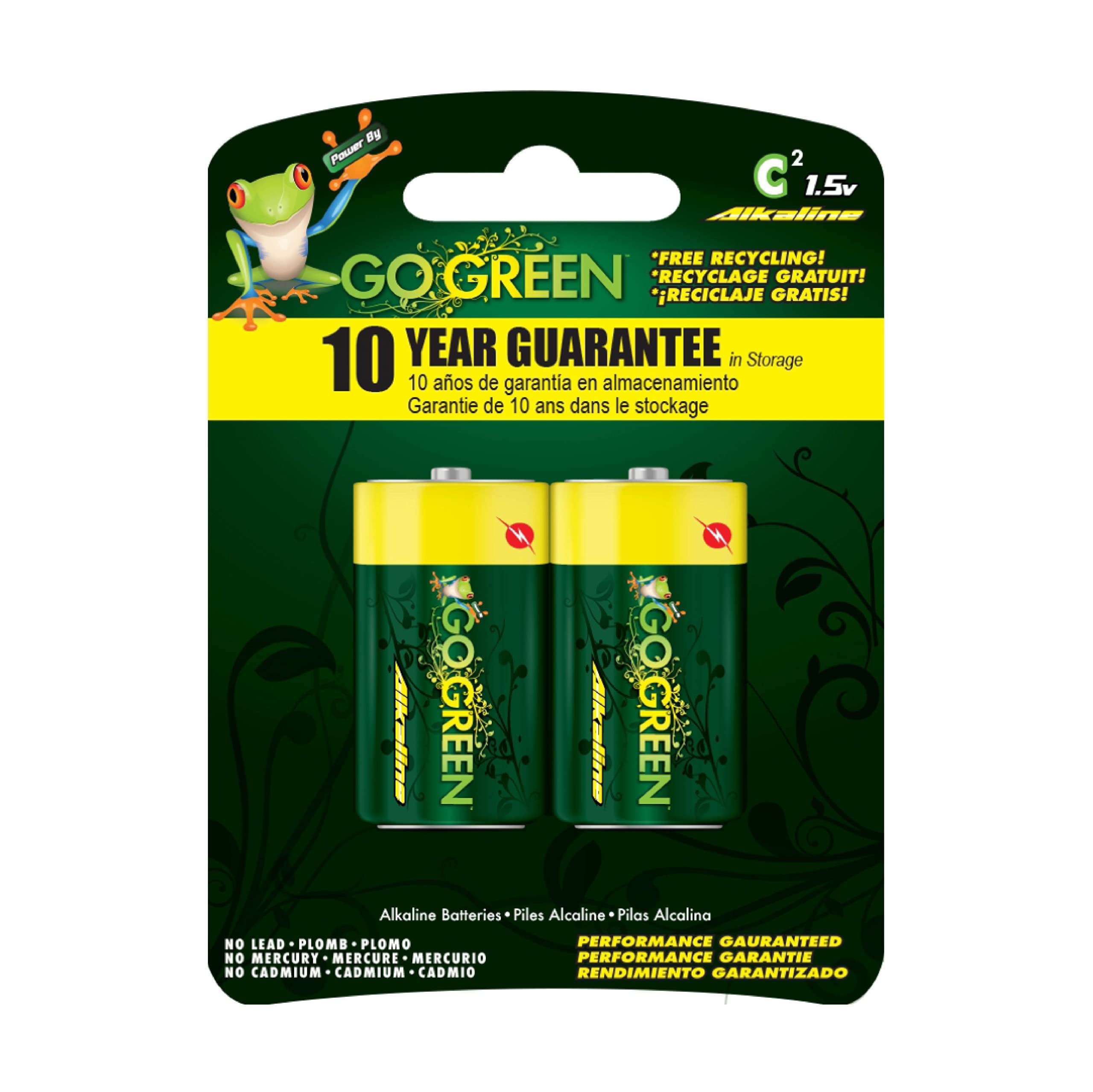 GoGreen Power (24003) Eco Friendly Alkaline C Batteries - No Lead, Cadmium or Mercury - 2 Pack - Perfect for Toys, Flashlights, and Emergency Kits