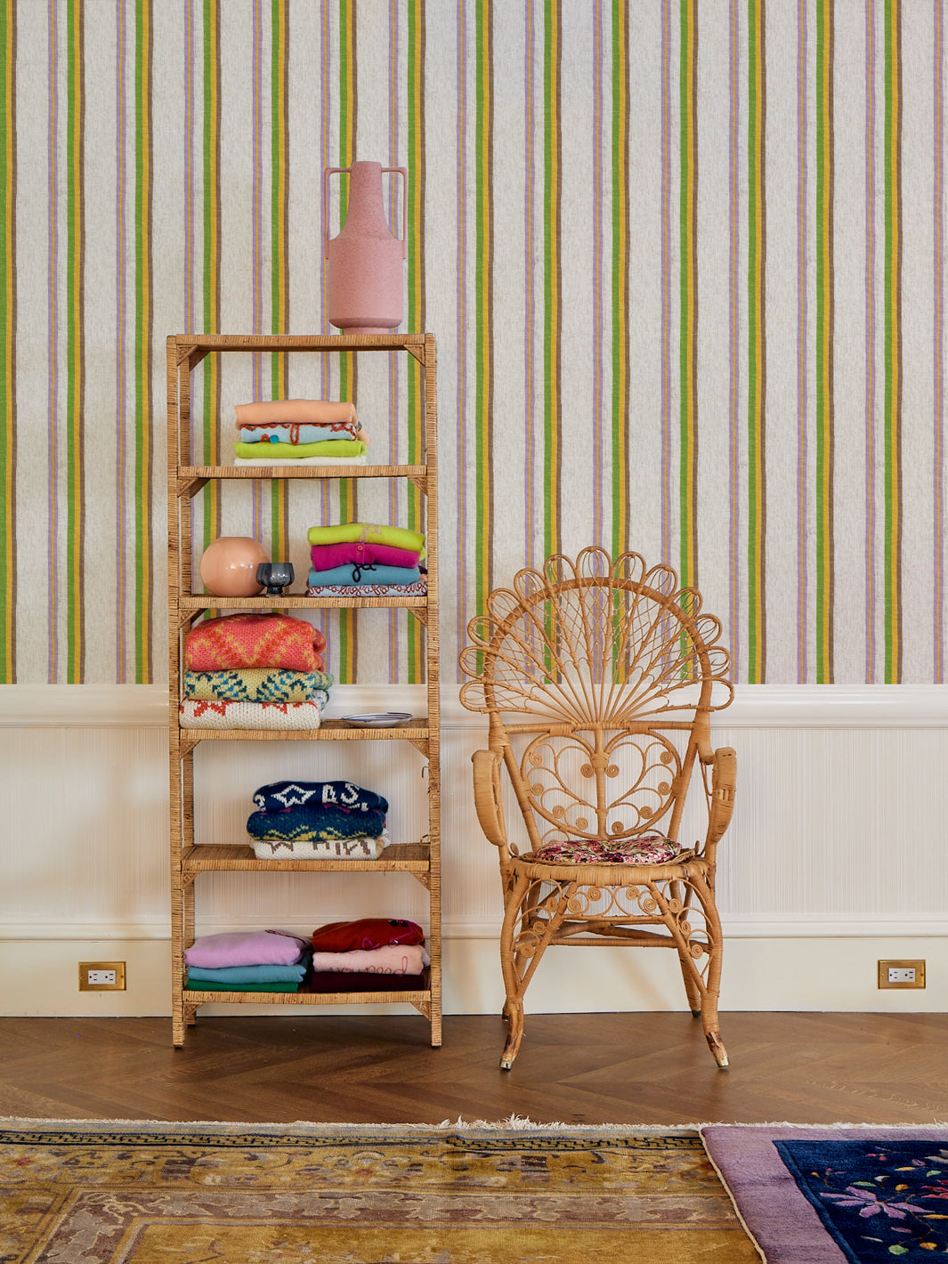 Lingua Franca 'Life is a Banquet' Stripe Wallpaper - Marigold & Green Floral Pattern | Perfect for Dining Room, Bedroom Accent Wall Decor