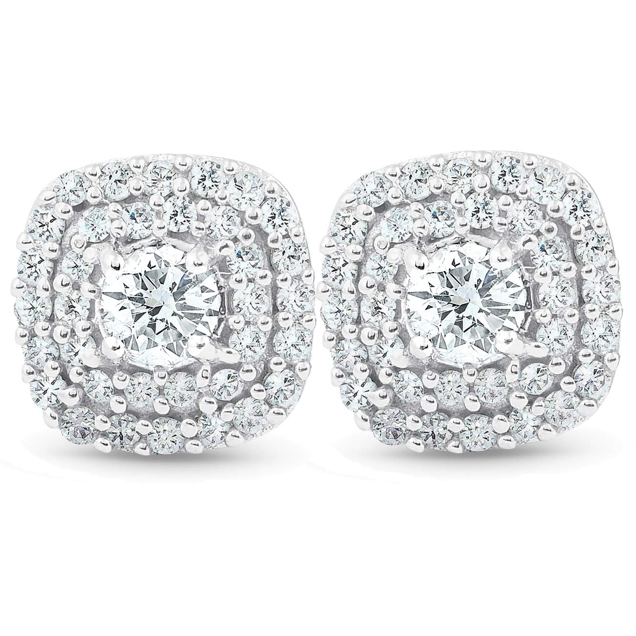 1/2 Ct TDW Genuine Diamond Cushion Halo Stud Earrings in 10k White Gold (1/3 Inch) - Perfect for Weddings, Anniversaries & Special Occasions