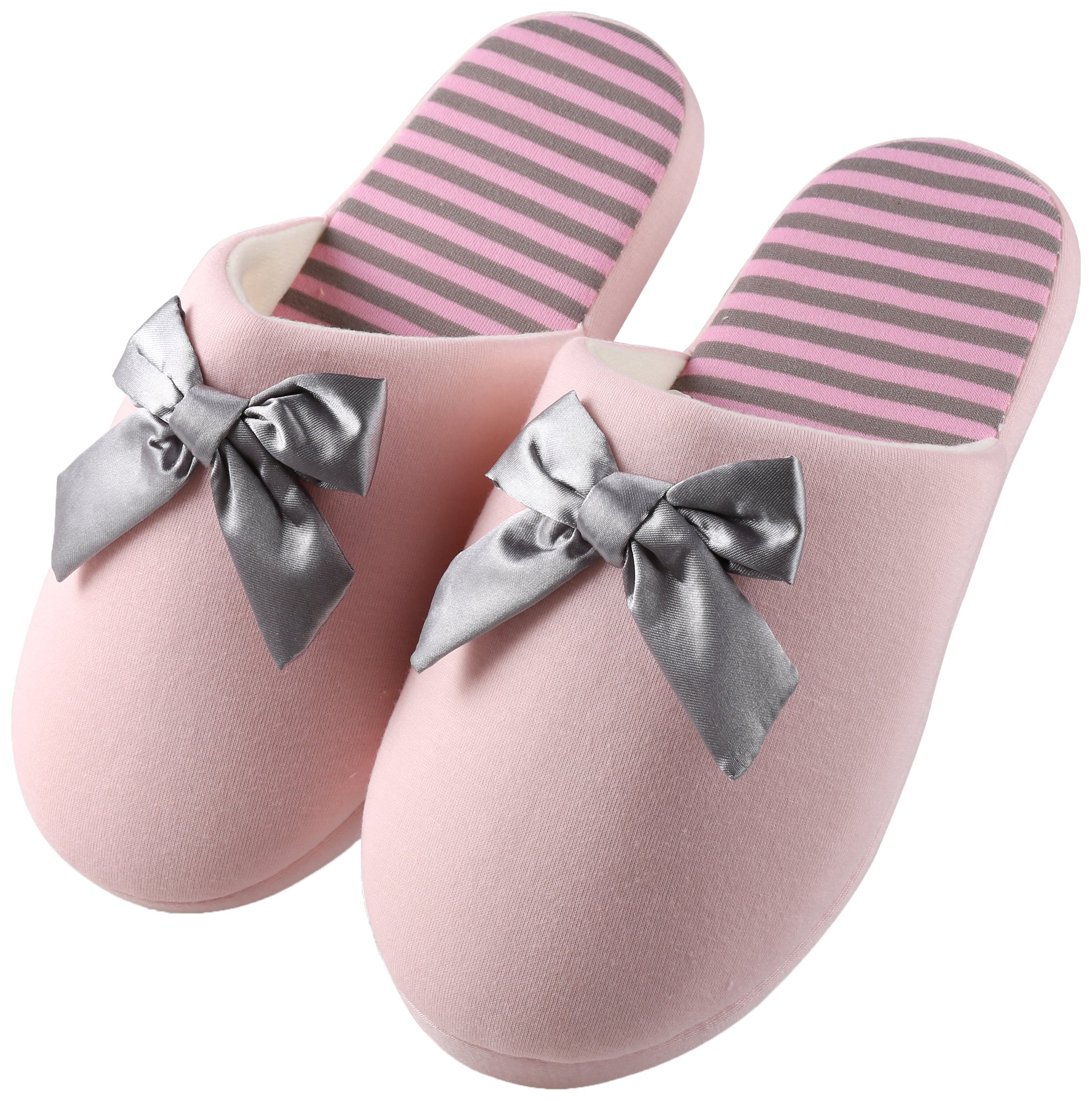 Women's Cozy Waffle Knit Slippers with Striped Design & Bow Detail - Soft House Shoes for Indoor Comfort, Lounge Wear & Gift Ideas