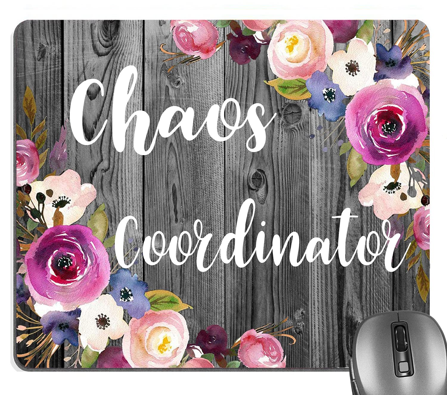 Vintage Floral Rustic Mouse Pad - Dark Grey Wood Grain Rectangle Computer Mousepad with Pink Purple Blue Flowers, Funny Quote 'Chaos Coordinator' - Perfect for Office Decor, Home Workspace & Gaming Setup