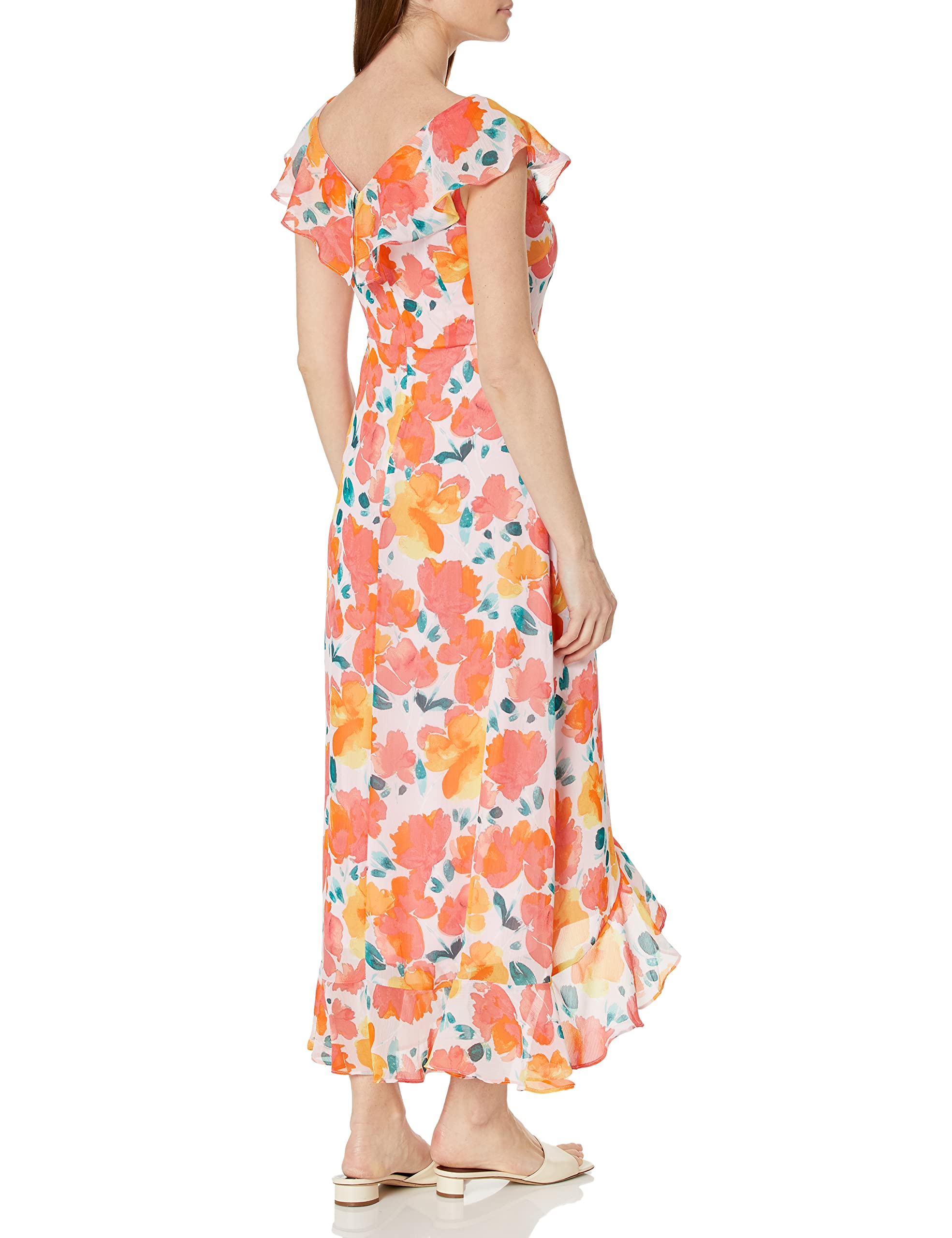 London Times Women's Faux Wrap Ruffle Maxi Dress - Elegant Flowy Long Dress for Summer, Beach, Party & Special Occasions