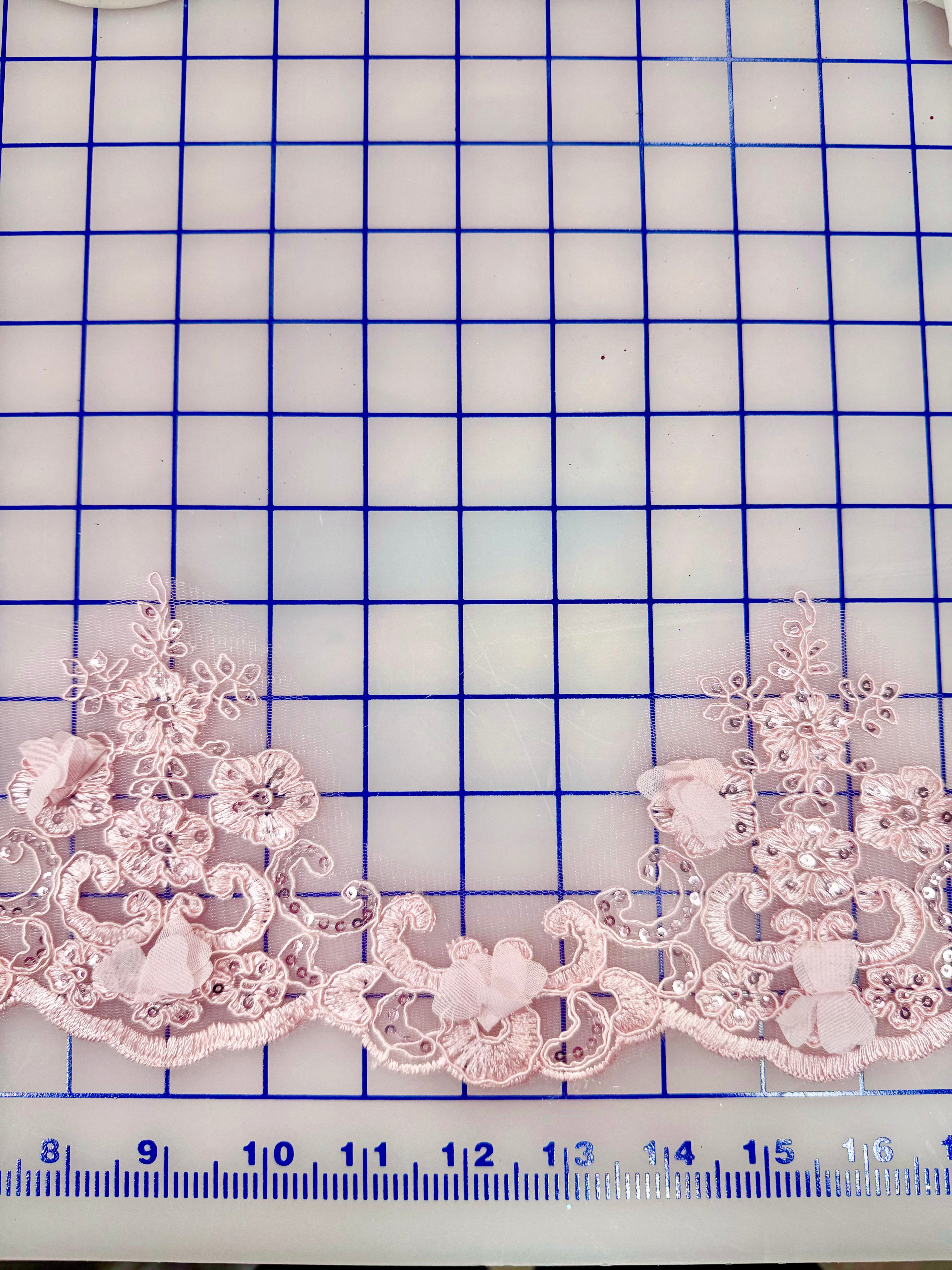 Lace Trim with Sequins and 3D Rose Embroidery - Elegant Pink Border Trim for DIY Crafts, Wedding Dresses, and Home Decor