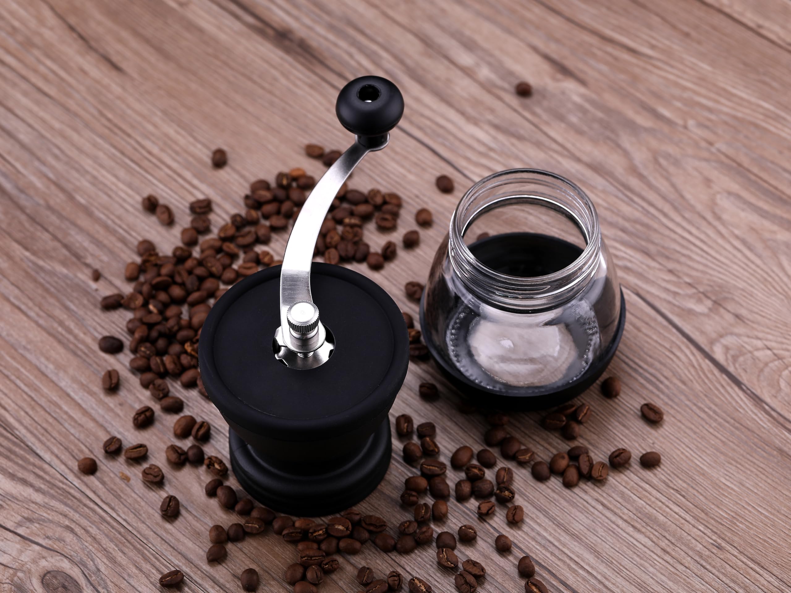 Premium Manual Coffee Grinder with Adjustable Settings - Portable Conical Burr Mill for Espresso, French Press & Pour Over - Perfect for Home, Office, Camping & Travel - Black with Visual Powder Bin - Ideal for Coffee Enthusiasts & Outdoor Adventures