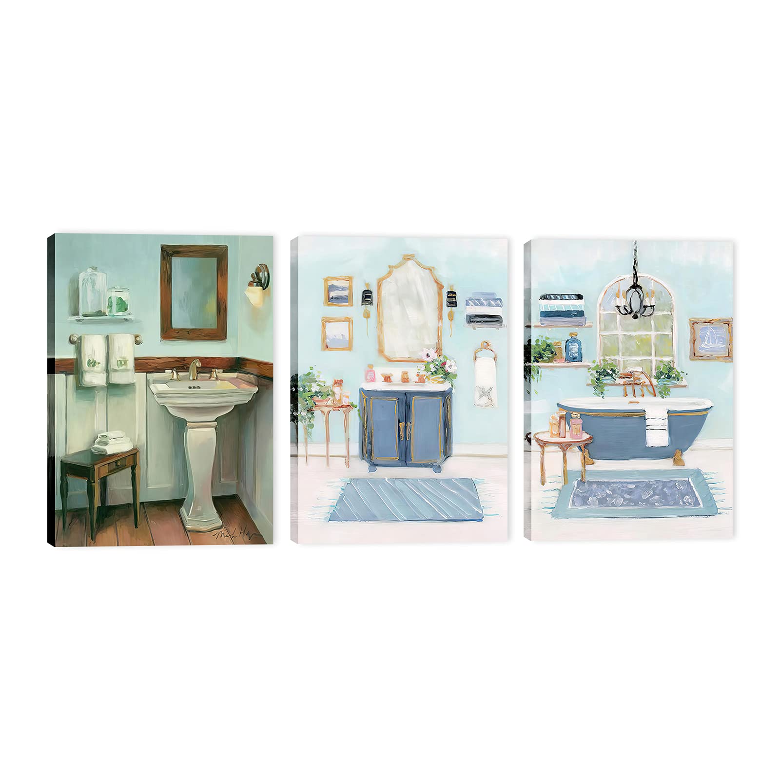 TIMUBA Large 3-Piece Bathroom Wall Art Set - Vintage Inspired Canvas Paintings for Girls & Women - Modern Retro Framed Decor for Bathrooms, Powder Rooms & Home Spa Areas
