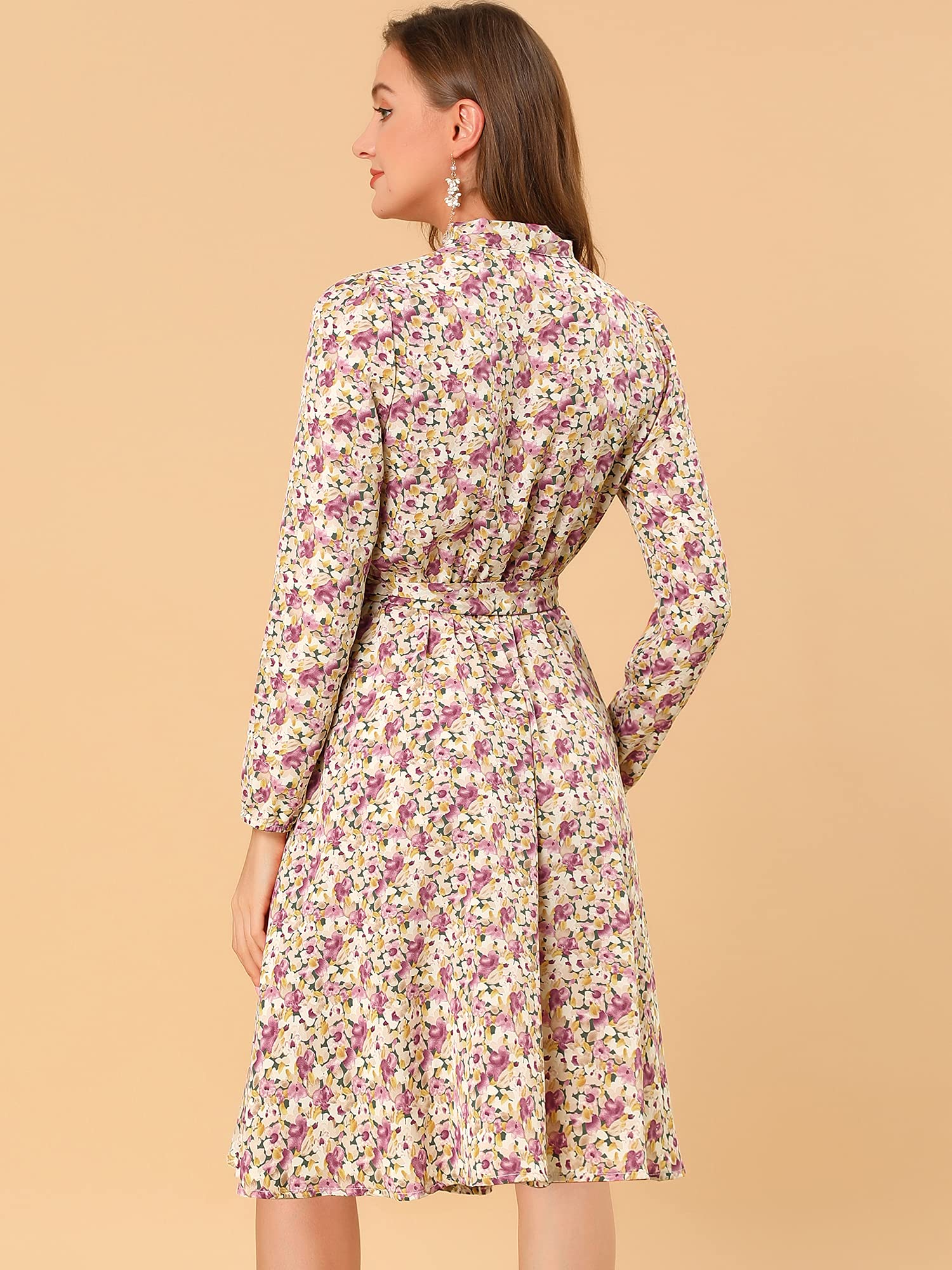 Allegra K Women's Vintage Floral Chiffon Dress with Tie Neck, Long Sleeves & Belt - Elegant Office Wear & Special Occasion Outfit