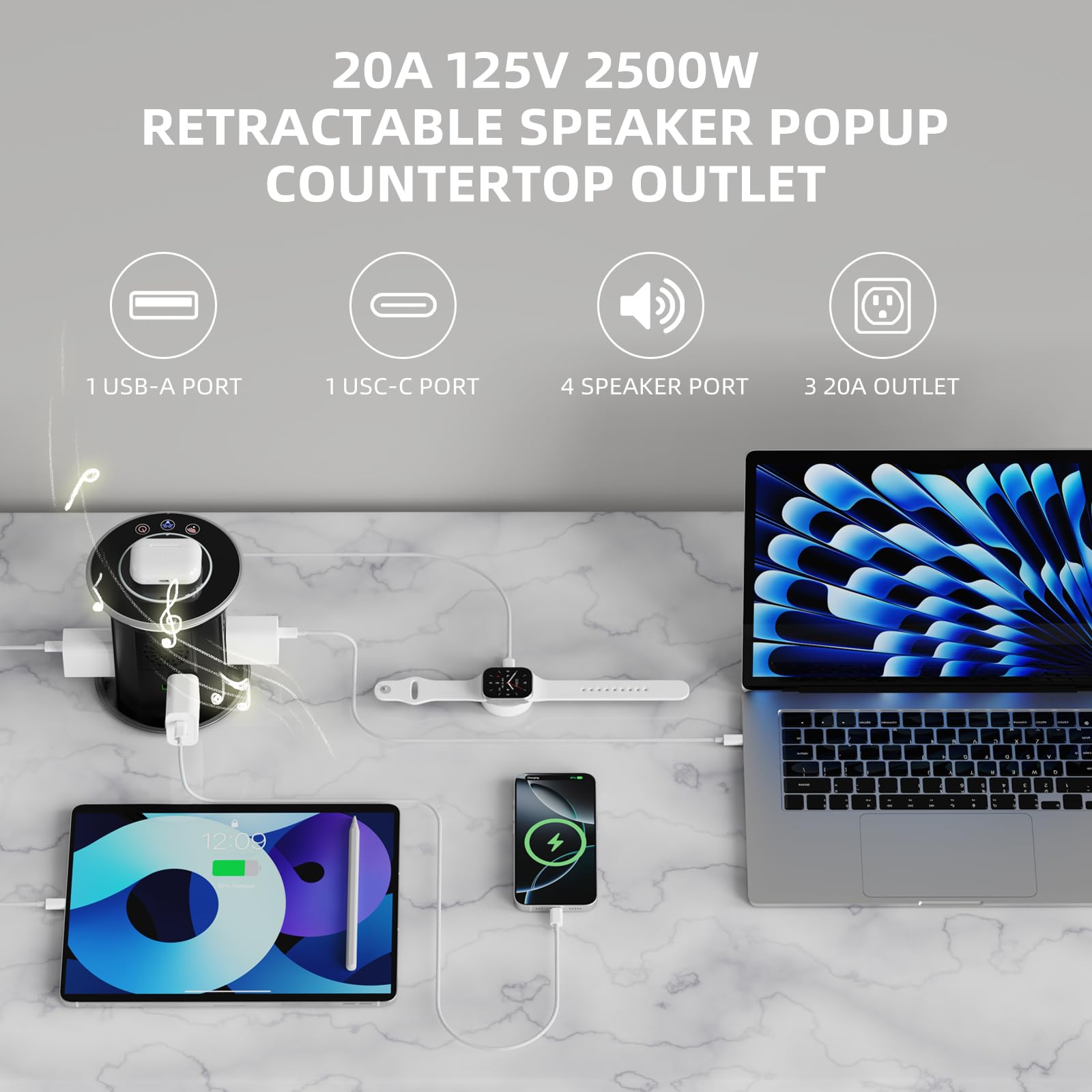 Smart Pop-Up Outlet for Countertop with 15W Wireless Charger & 20W Power Delivery - 3 AC Outlets, 2 USB Ports & Bluetooth Speaker - APP Remote Control for Home & Office Workspace