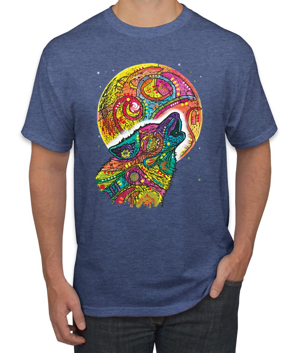 Dean Russo Howling Wolf at Moon Neon Art T-Shirt for Men - Animal Lover Graphic Tee for Casual Wear, Gifts & Wolf Enthusiasts